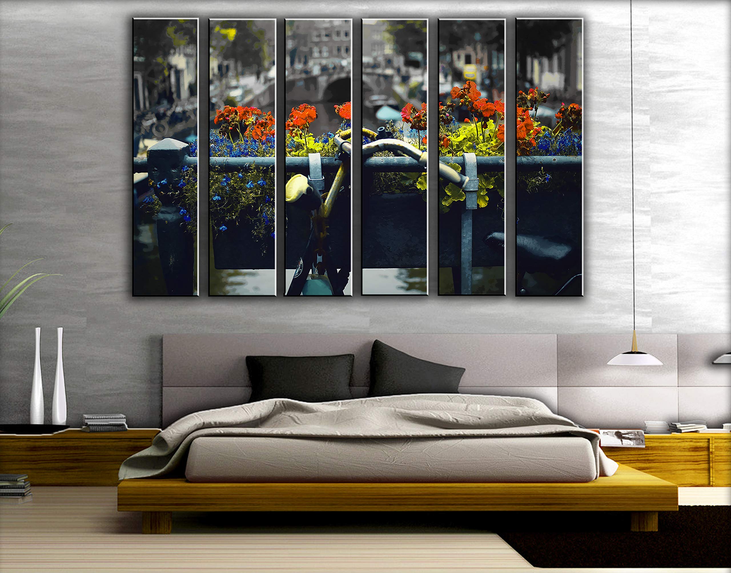 6 Piece Amsterdam Bicycle Wall Art Set - Flowers & Nature Theme Canvas Painting Prints for Living Room & Bedroom Decor - Perfect for Dutch Inspired Home Decor & Cycling Enthusiast Gifts