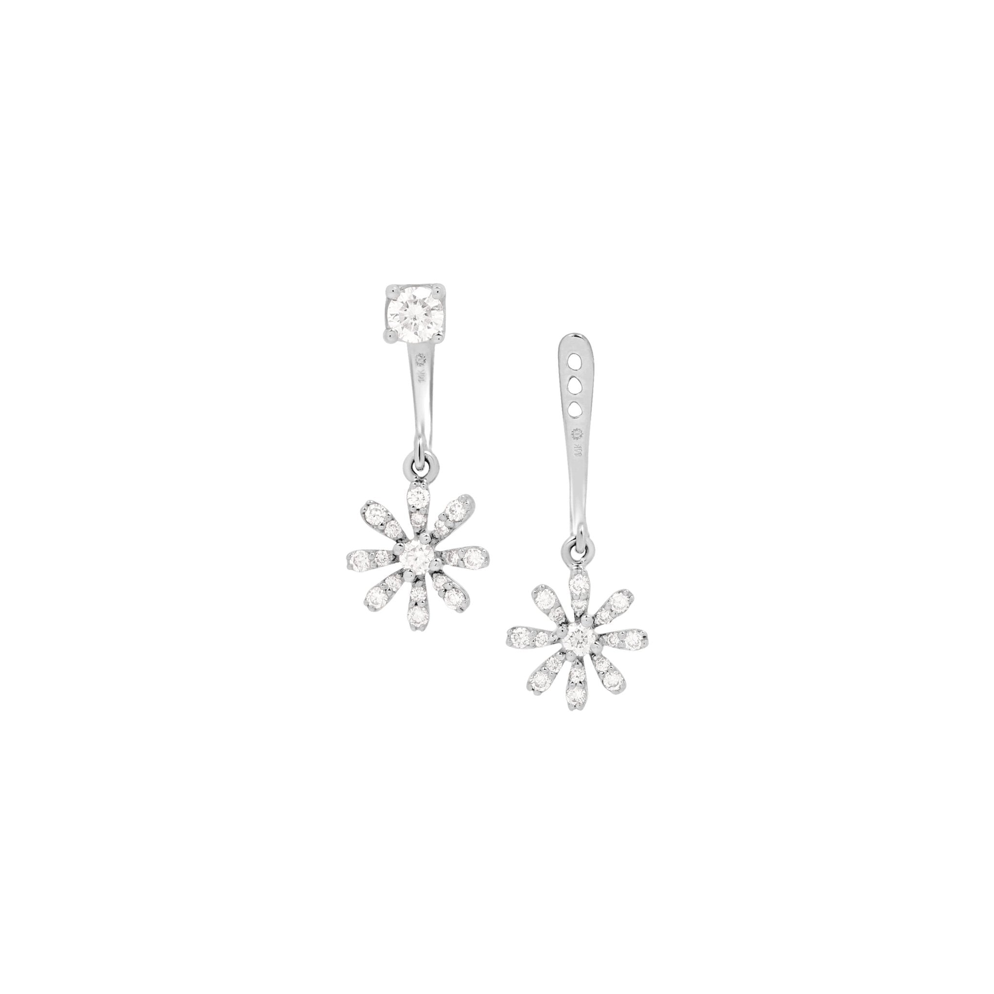 14k White Gold Diamond Flower Ear Jacket & Stud Earrings Set - Dainty Floral Ear Cuff for Women - Perfect for Weddings, Parties & Everyday Elegance