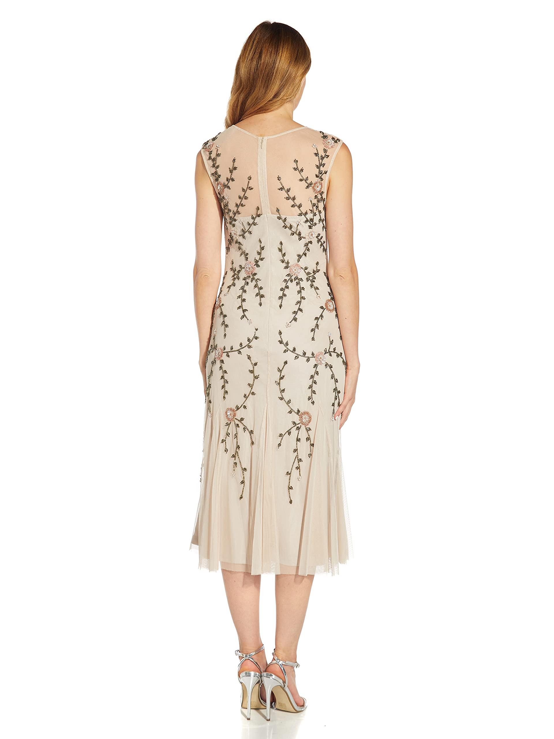 Adrianna Papell Women's Beaded Tea Length Dress for Wedding Guest, Cocktail Party & Special Occasions - Elegant Floral Embroidery A-Line Gown