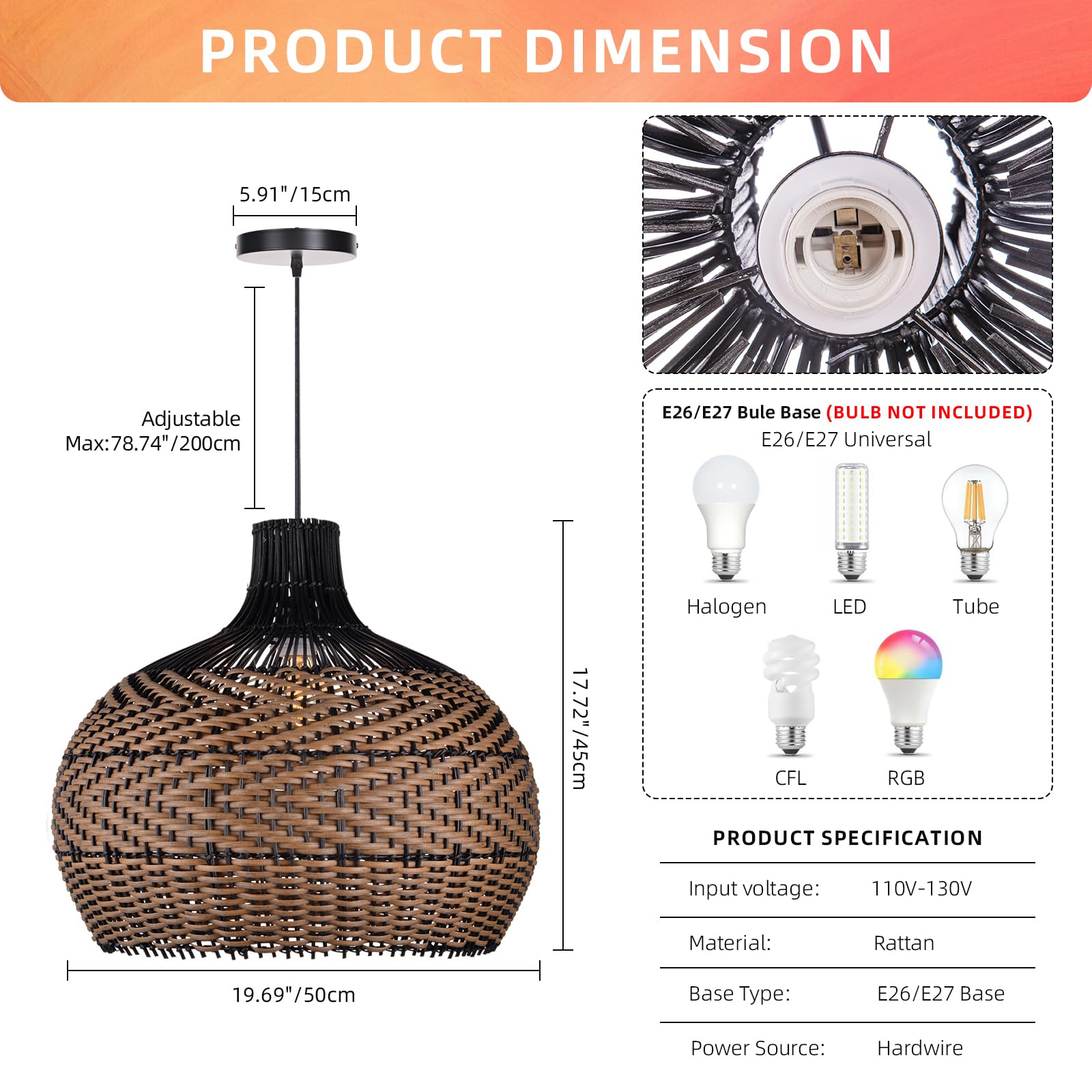 Arturesthome Handwoven Rattan Pendant Light Fixture - Natural Wicker Chandelier for Kitchen Island, Dining Room, Living Room & Bedroom | Boho Ceiling Lamp with Woven Lampshade | Perfect for Farmhouse, Coastal & Bohemian Home Decor