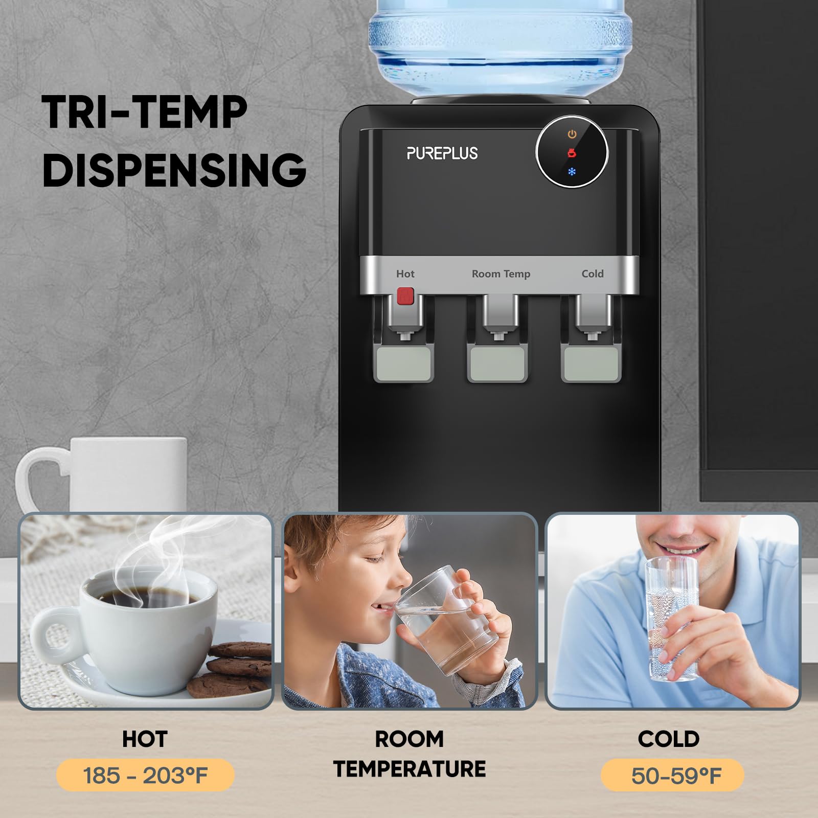 PUREPLUS Top Loading Water Cooler Dispenser with Hot & Cold Water - 3 Temperature Settings, Child Safety Lock for Home & Office - Countertop Water Fountain for 3/5 Gallon Bottles, Removable Drip Tray - Perfect for Kitchen, Break Room, Dorm & Office Hydration