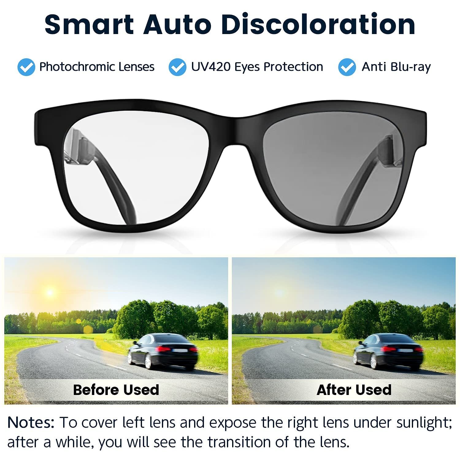 Upgraded Smart Bone Conduction Bluetooth Glasses with Open-Ear Headphones, Photochromic Blue Light Blocking Lenses, IPX6 Waterproof - Hands-Free Calls & Music - Perfect Gift for Dad & Men - Ideal for Running, Cycling & Outdoor Activities
