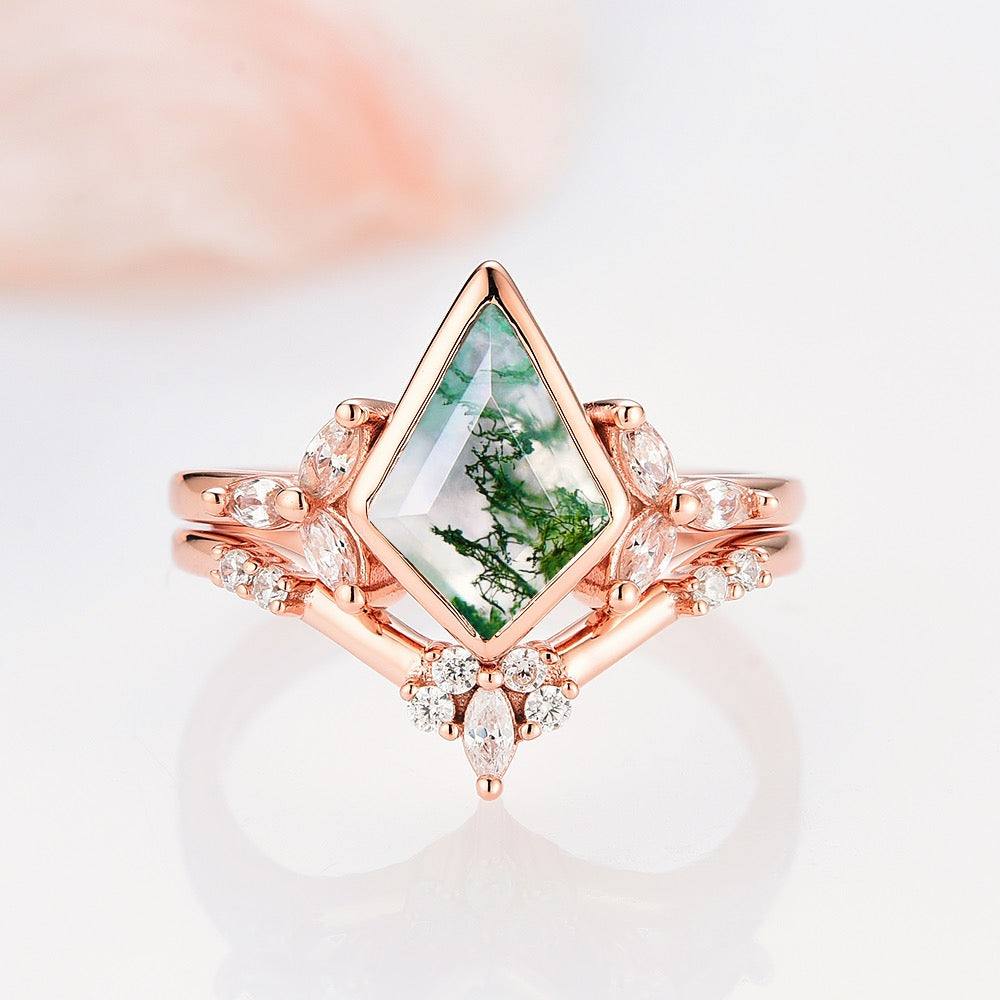 14K Rose Gold Vermeil Kite Green Moss Agate Ring Set for Women - Elegant Boho Jewelry Gift for Birthday, Anniversary & Special Occasions