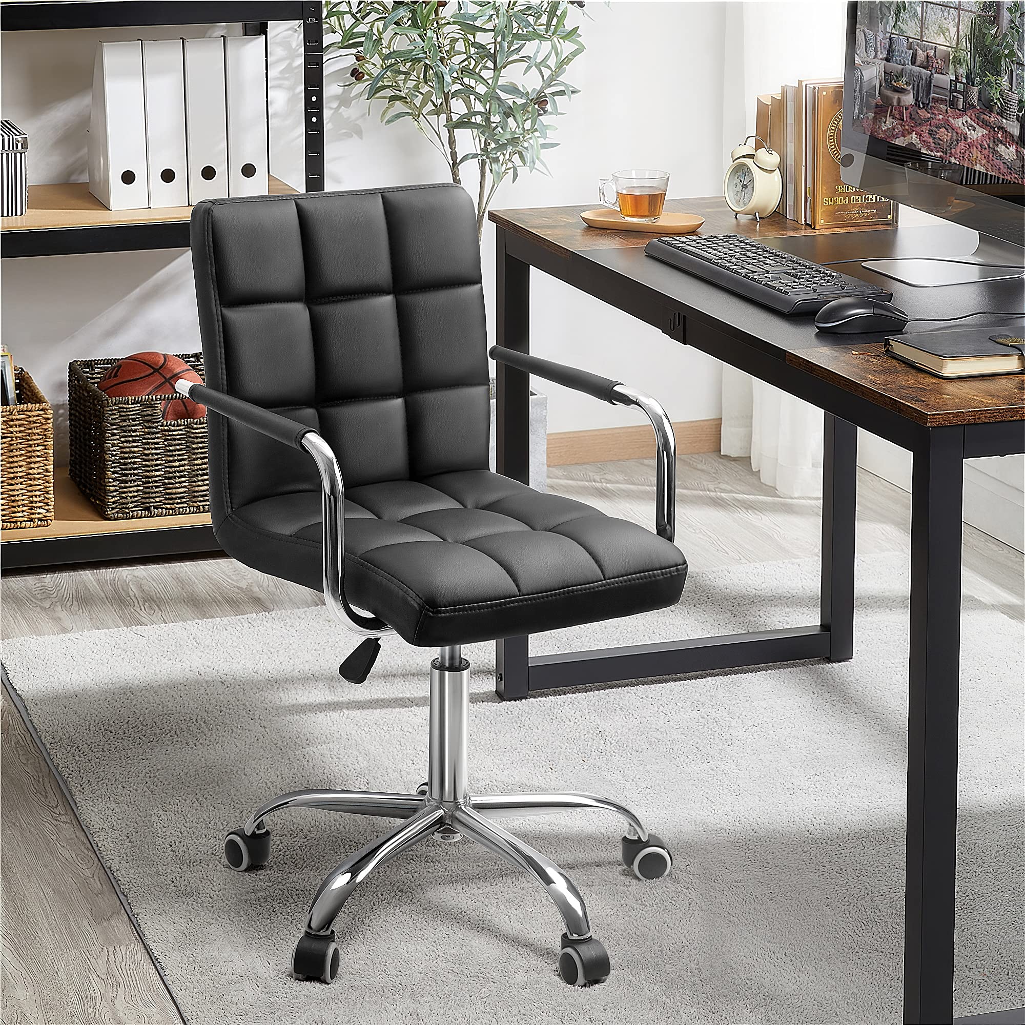 Kemon Ergonomic Office Chair with Adjustable Height, PU Leather Mid-Back Desk Chair with Armrests & Wheels - Black - Perfect for Home Office, Gaming & Computer Workstations