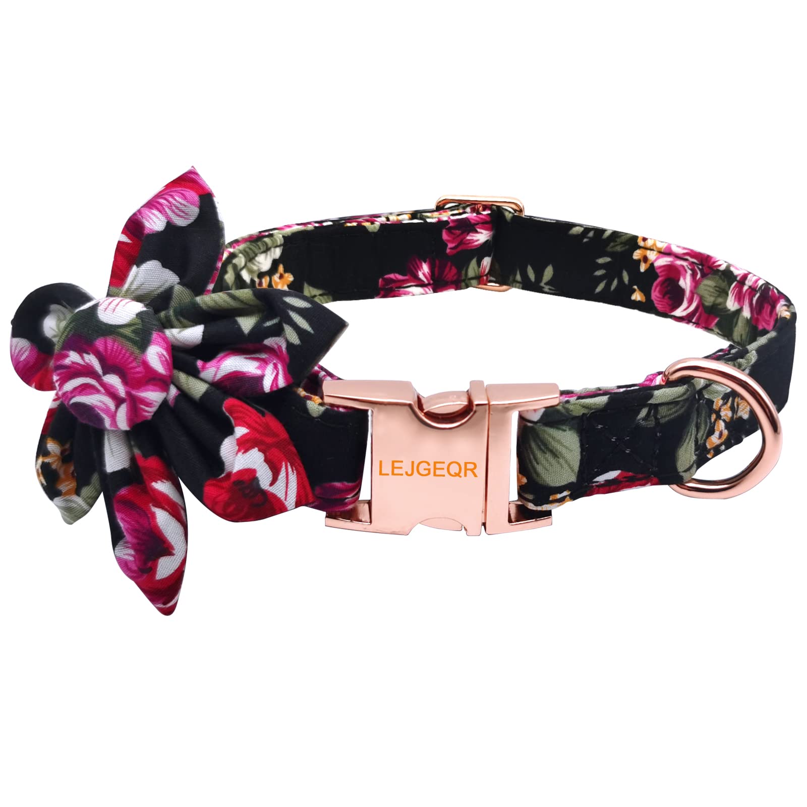 **Cute Floral Dog Collar with Safety Metal Buckle - Adjustable Puppy Collar for Small, Medium & Large Dogs (Black Flower, Size S) - Perfect for Girl Puppies, Walks & Photo Shoots**
