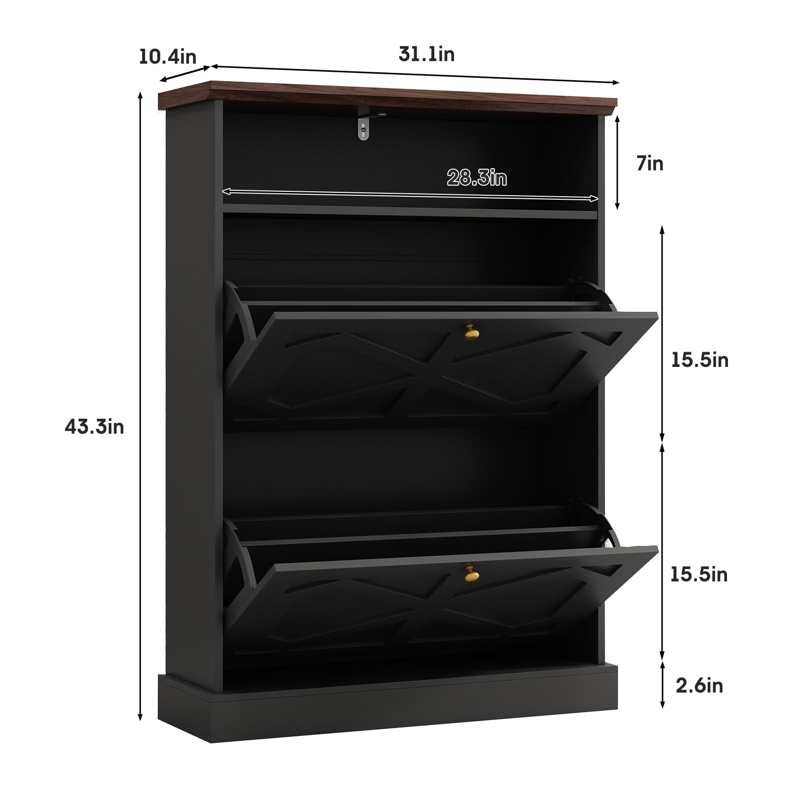 Maupvit 2-Tier Flip-Drawer Shoe Storage Cabinet - Freestanding Entryway Shoe Organizer with Open Shelves & Wooden Legs - Farmhouse Narrow Shoe Rack for Foyer, Hallway, Living Room - Perfect for Small Spaces & Home Organization (Black)