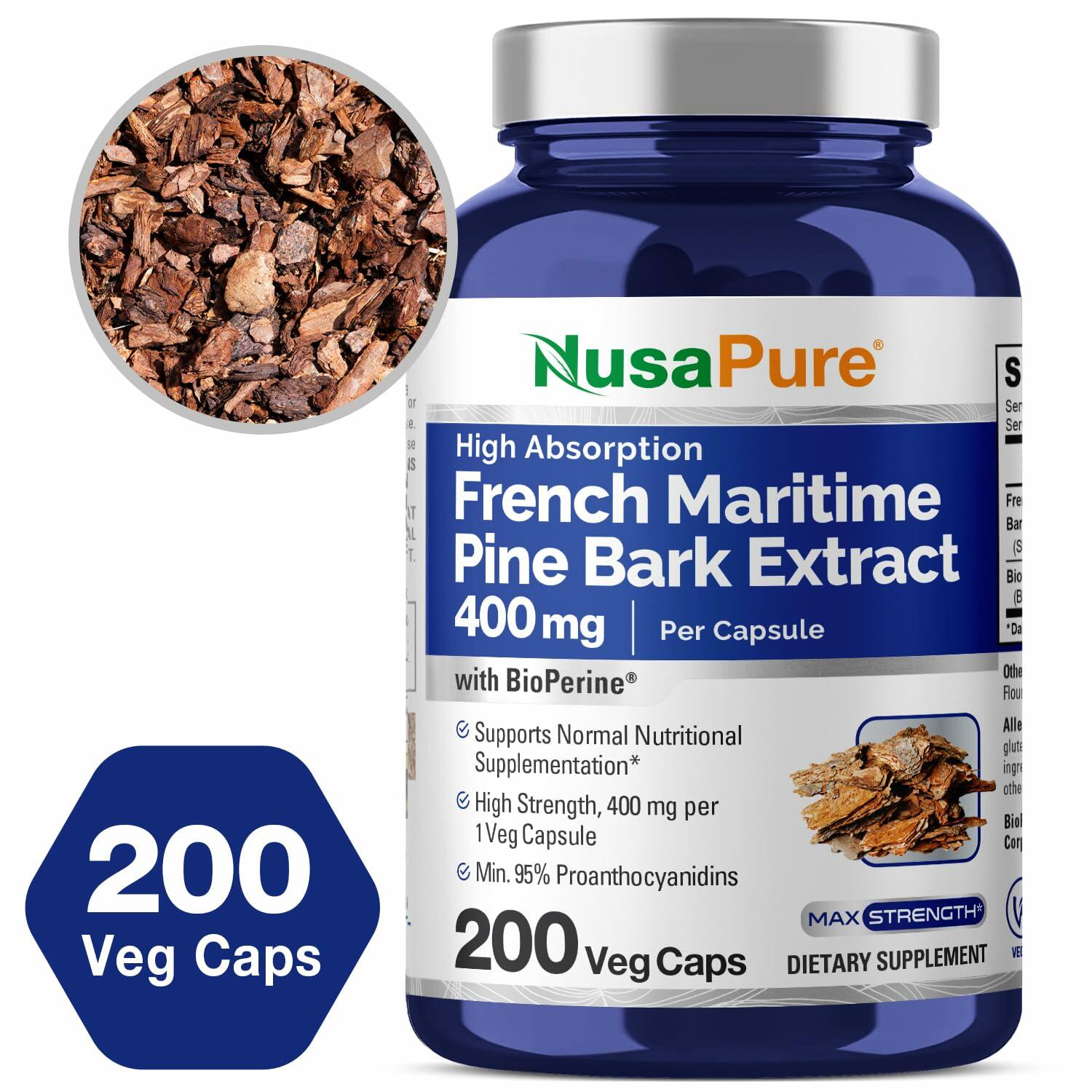 NusaPure French Maritime Pine Bark Extract 400mg per Capsule - 200 Vegetarian Capsules for Antioxidant Support & Heart Health | Dietary Supplement for Immune Boost & Anti-Aging