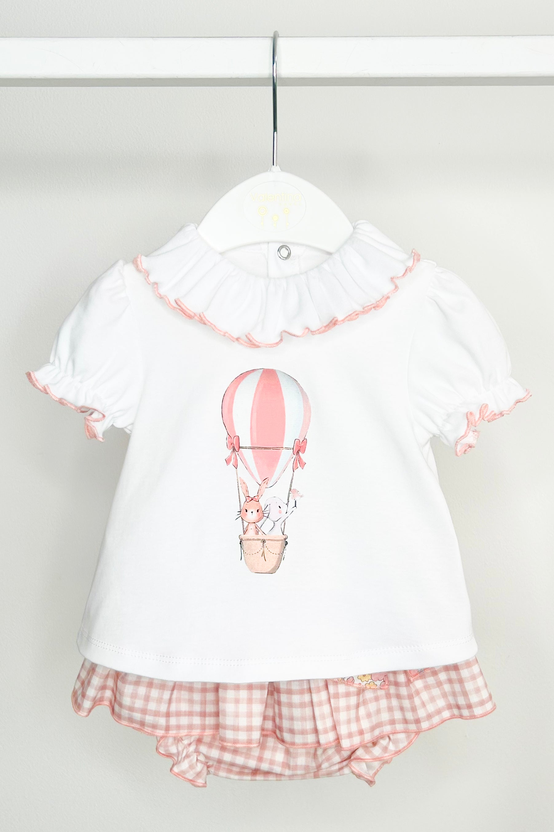 Seraphine Women's Pink Hot Air Balloon Print Blouse & Gingham Skirt Set - Casual Summer Outfit for Picnics, Travel & Outdoor Activities