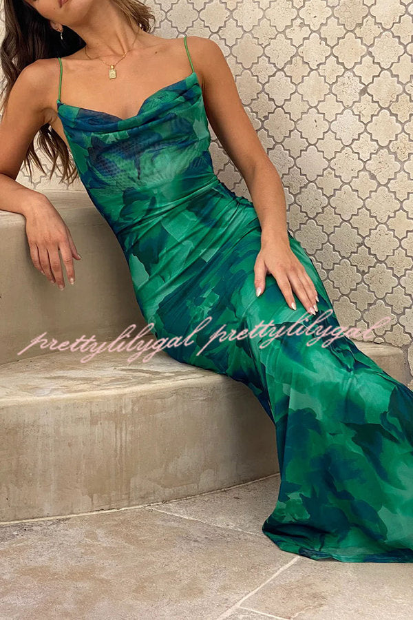 Summer Floral Print Cowl Neck Stretch Maxi Dress for Women - Perfect for Beach Vacations, Date Nights & Casual Outings