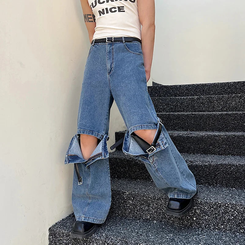 Men's Stylish Patchwork Washed Denim Jeans with Personalized Buckle Design - Solid Color Casual Pants for Spring | Perfect for Daily Wear, Office & Weekend Outfits
