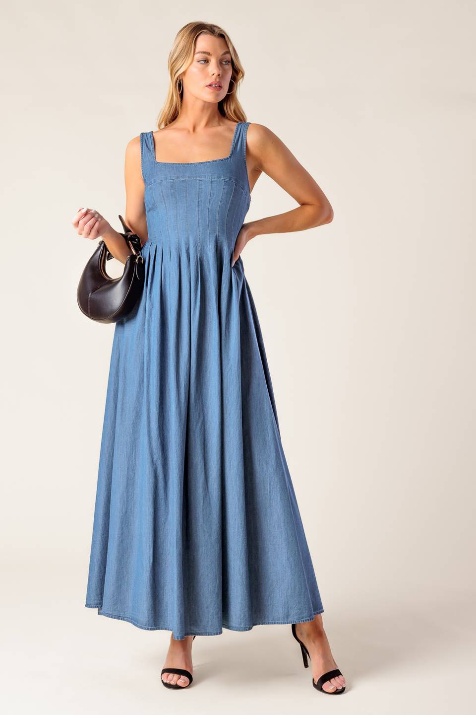 Blue Ridge Dreams Pintuck Denim Midi Dress - Women's Casual Stretch Denim Dress for Spring & Summer, Perfect for Brunch, Date Night & Outdoor Events