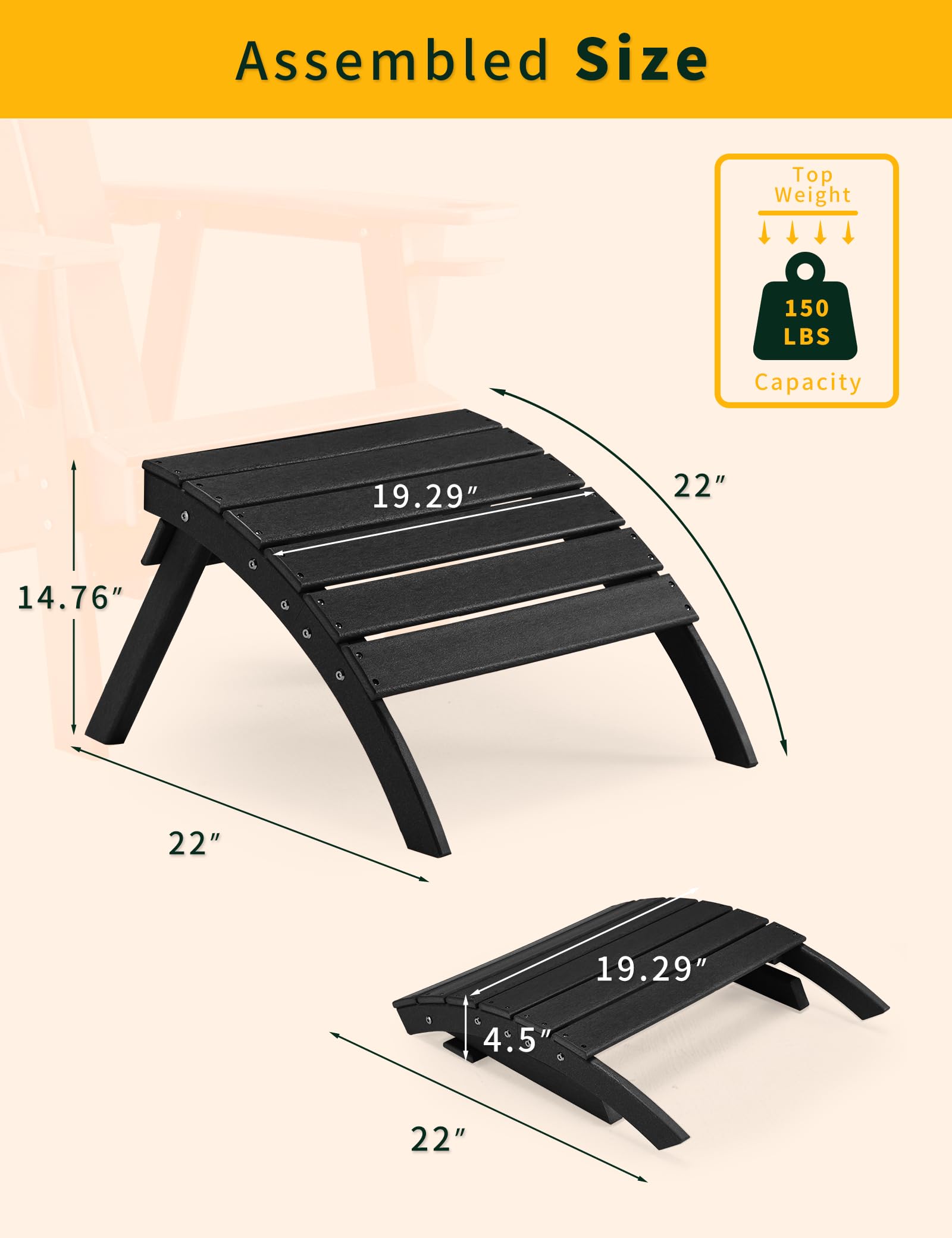 Premium Folding Adirondack Ottoman - All-Weather HDPE Outdoor Footrest for Adirondack Chairs | Patio, Backyard & Garden Decor | Space-Saving Storage Solution (Black) | Perfect for Relaxing by the Pool or Fire Pit