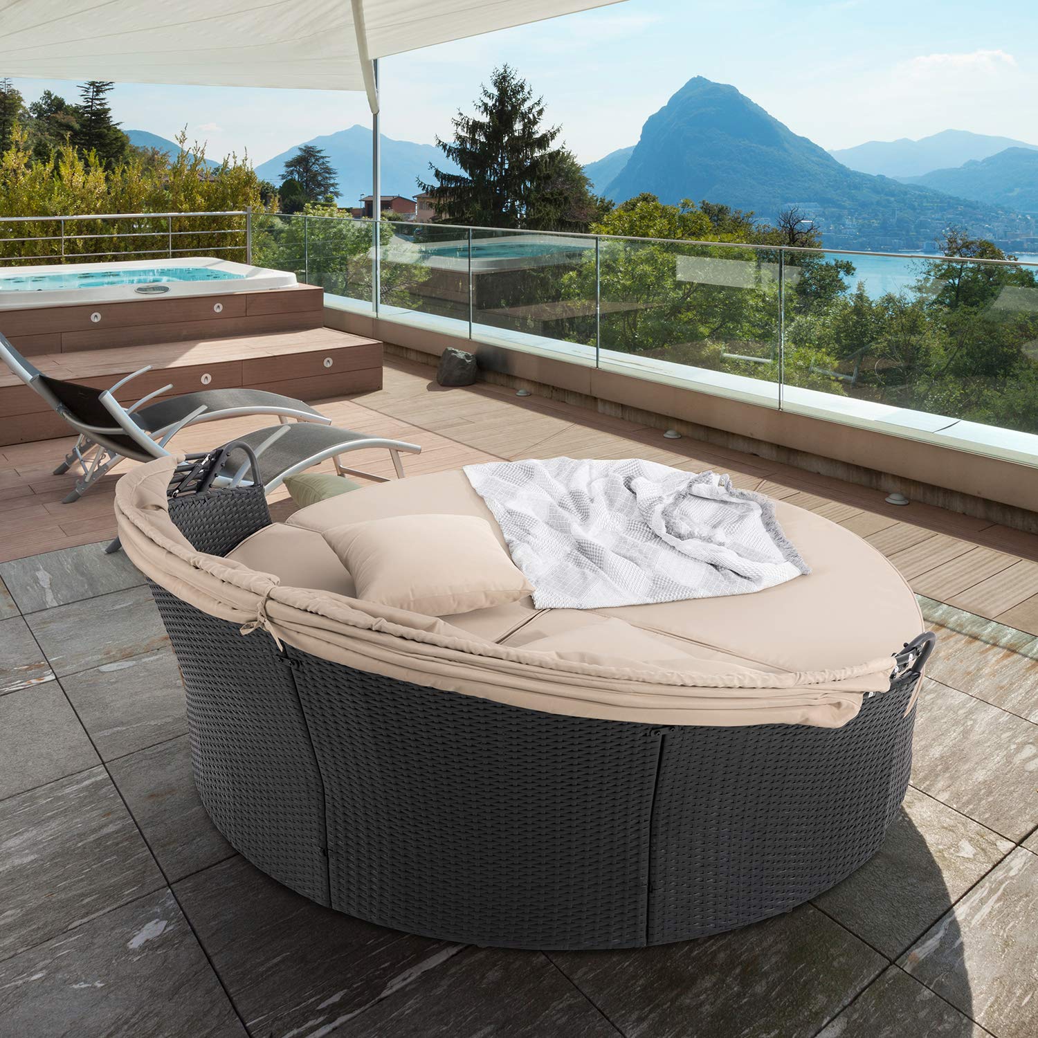 Walsunny Outdoor Round Daybed with Retractable Canopy - Wicker Rattan Patio Furniture for Backyard, Poolside & Garden - Cushioned Seating with Separate Seats | Perfect for Sunbathing, Lounging and Outdoor Relaxation