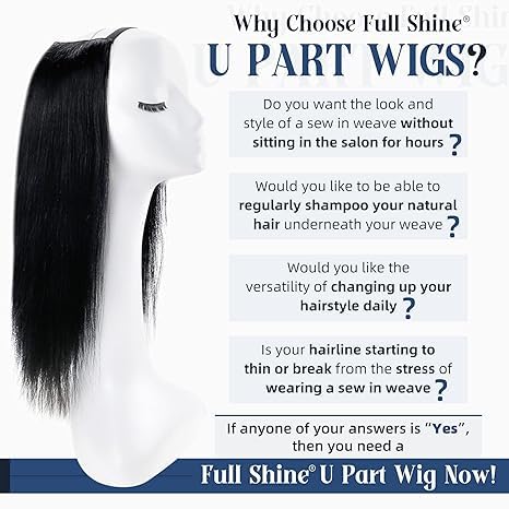 Full Shine U Part Wig Extensions - 18 Inch Silky Straight Remy Human Hair Clip-In Half Wig - Jet Black 150g for Long Hair - Perfect for Daily Wear, Parties & Special Occasions