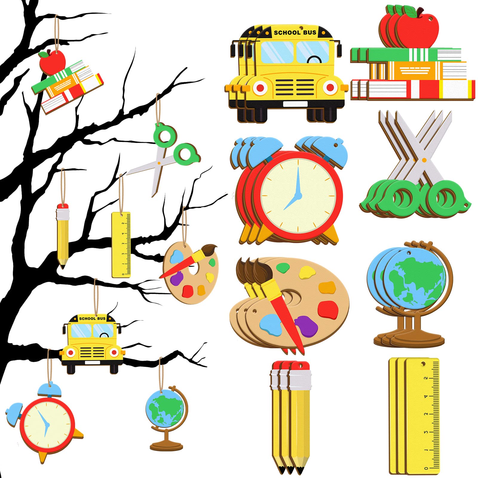 24-Piece Back to School Wooden Hanging Ornaments Set - First Day of School Decorations, Bulletin Board Cutouts & Classroom Party Signs - Perfect for Tree Decor, Classroom Displays & School Celebrations