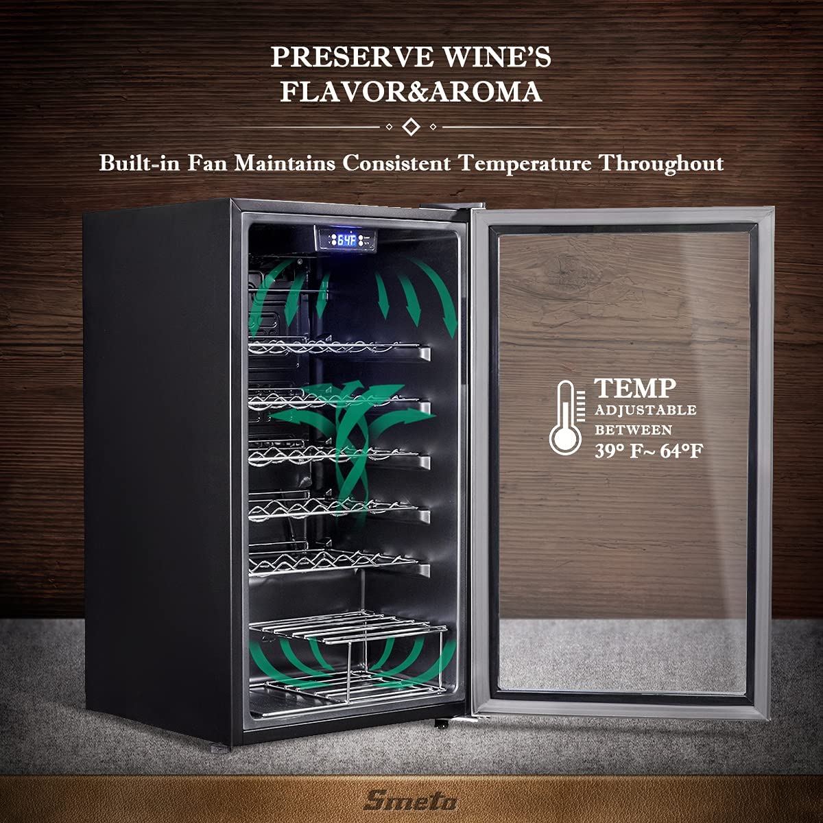 SMETA 33 Bottle Under Counter Wine Cooler - Stainless Steel Black Wine Fridge with Glass Door, Digital Touch Screen & LED Lights for Beer, Wine & Drinks (95L) - Perfect for Home Bars, Restaurants, and Wine Cellars