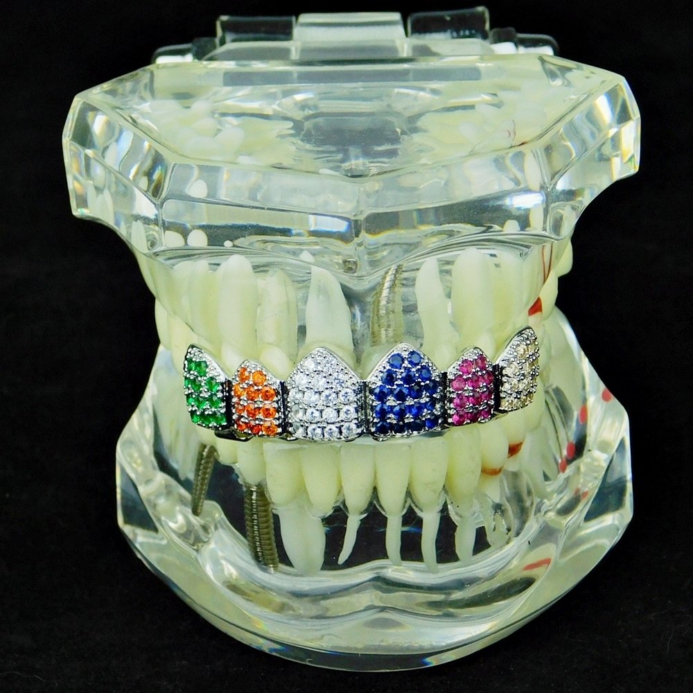 Multi-Color Grillz Silver Tone Top CZ Bling Clown Color Cubic Zirconia Rainbow Upper Teeth Hip Hop Grills - Perfect for Hip Hop Performances, Music Videos, and Streetwear Fashion