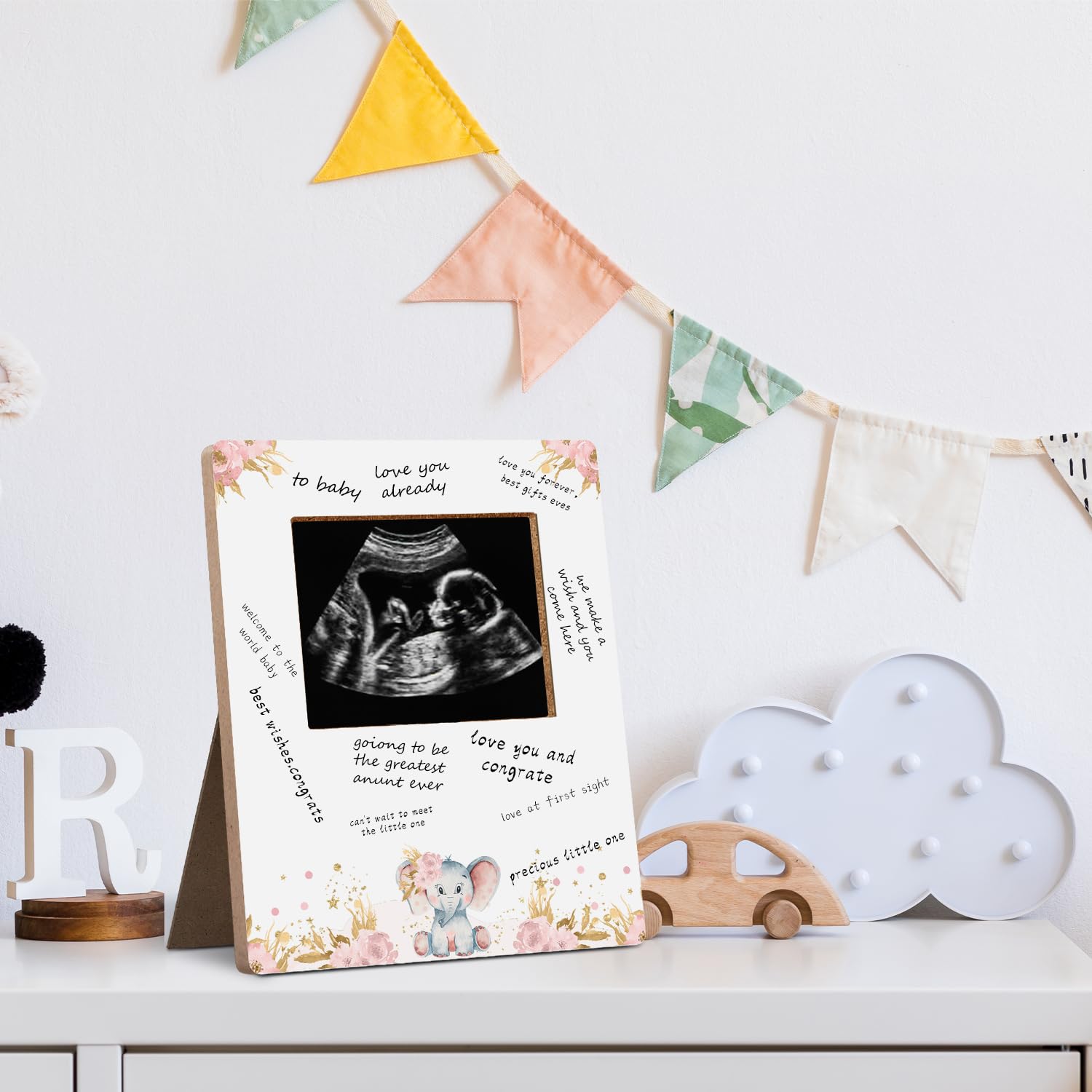 Baby Shower Sign Picture Frame - Pregnancy Announcement Sonogram Photo Frame - Pink Elephant Guest Book Display - 4.3 x 5.3 Inch - Perfect for Baby Showers, Gender Reveals & Nursery Decor