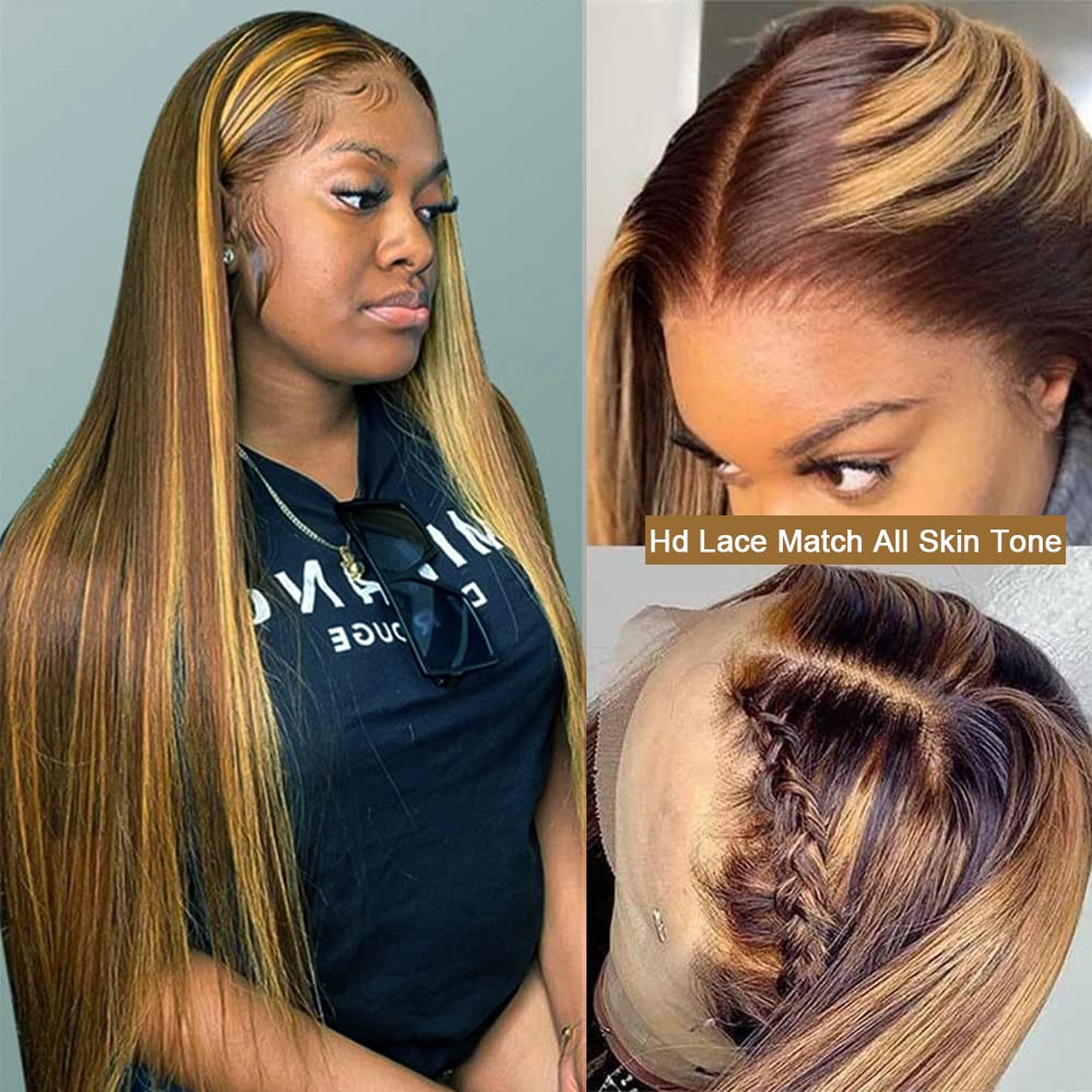 26 Inch HD Lace Front Wigs - Brazilian Virgin Human Hair Pre Plucked Straight Ombre Brown to Honey Blonde - 150% Density Glueless Wig for Daily Wear, Cosplay & Special Occasions