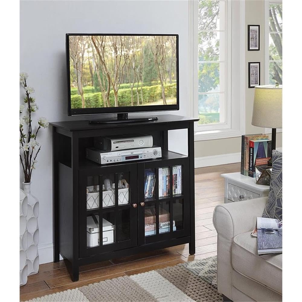 Pemberly Row 42 Inch TV Stand Entertainment Center with Storage Shelves - Black Modern TV Console for Living Room, Bedroom & Home Theater Setup