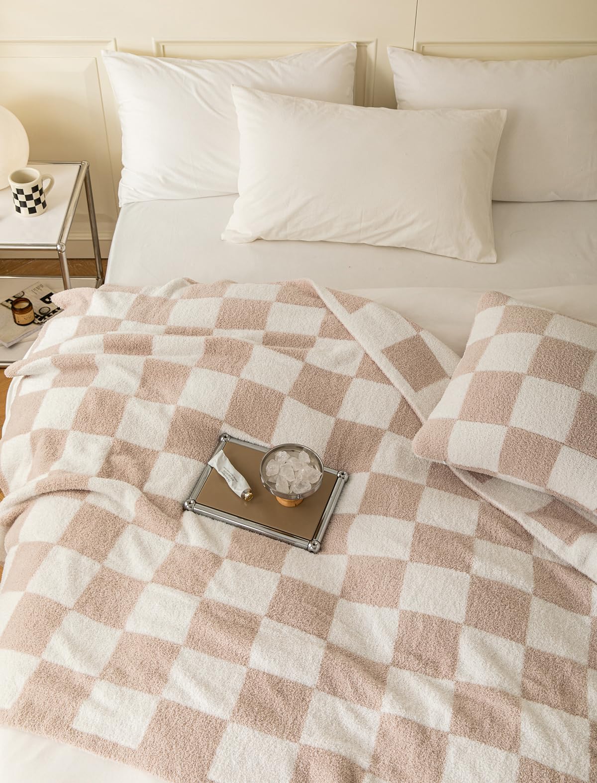 Ultra Soft Cozy Buffalo Check Plaid Microfiber Knit Lightweight Fleece Blanket - Twin Size 60x80 Inches - Perfect for Bed, Sofa, Couch & Travel - Cream Color