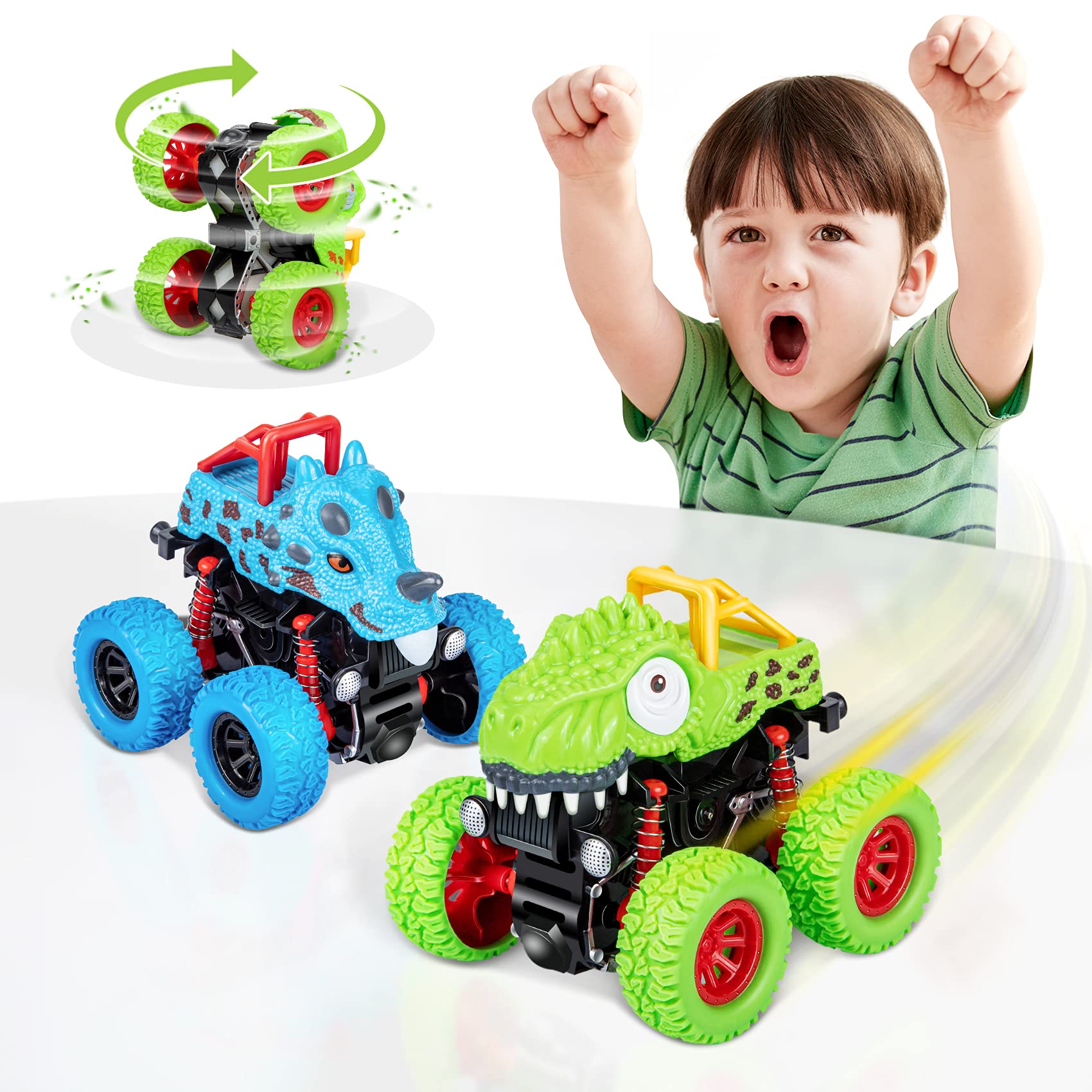 Dinosaur Toys for Kids Ages 2-6 - Push and Go Monster Truck Toy Cars with Dinosaurs for Toddler Boys - Best Christmas Birthday Gift for 2 3 4 5 Year Old Boys - Perfect for Pretend Play, Preschool Learning & Outdoor Adventures