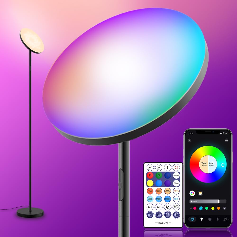 Smart LED Floor Lamp - 2000LM Brightness, 16 Million RGB Colors, Dimmable & Adjustable Angle, Remote & Touch Control - Perfect for Living Room, Bedroom, Office Lighting