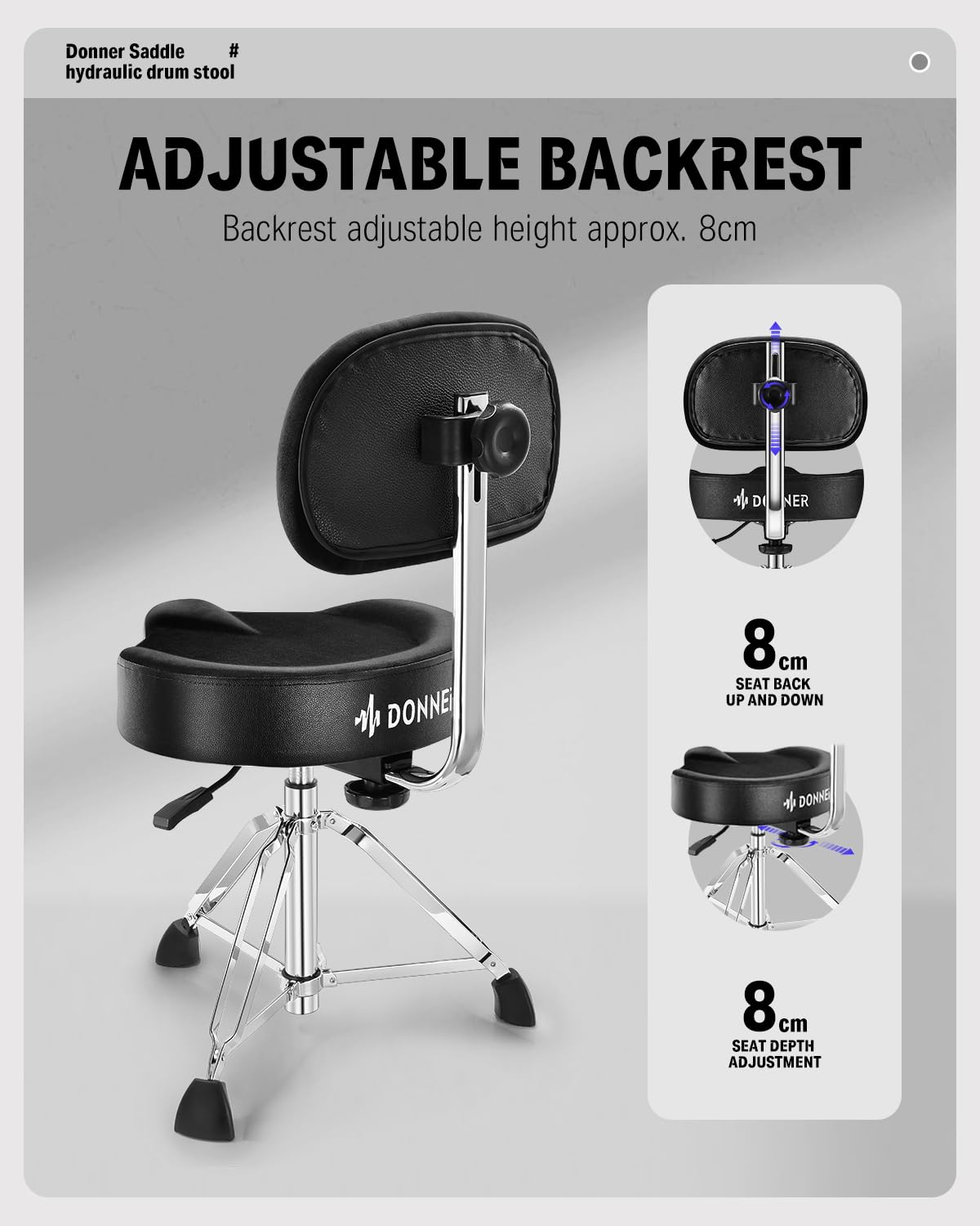 Donner Heavy Duty Hydraulic Drum Throne with Backrest - Adjustable Height Motorcycle Style Drum Seat for Adult Drummers (Black) | Perfect for Drum Practice, Live Performances & Studio Recording