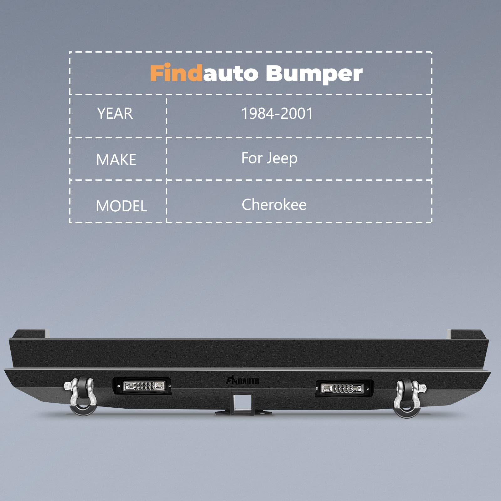 FINDAUTO Upgraded Textured Black Rock Crawler Rear Bumper with LED Lights & D-Rings | Compatible with 1984-2001 Jeep Cherokee | Off-Road Protection & Enhanced Style for Jeep Adventures