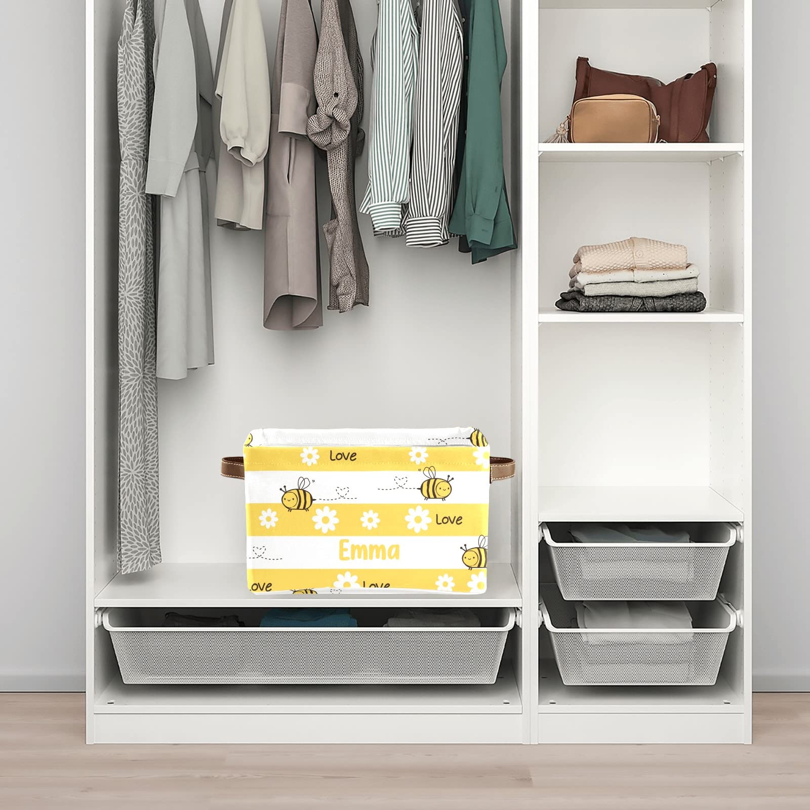 Personalized Large Storage Baskets with Handle - Cute Bee Yellow Decorative Organizing Bins for Shelves, Closet, Bathroom & Nursery | Home Organization Solution (1 Pack) | Perfect for Kids' Room Storage & Bathroom Essentials