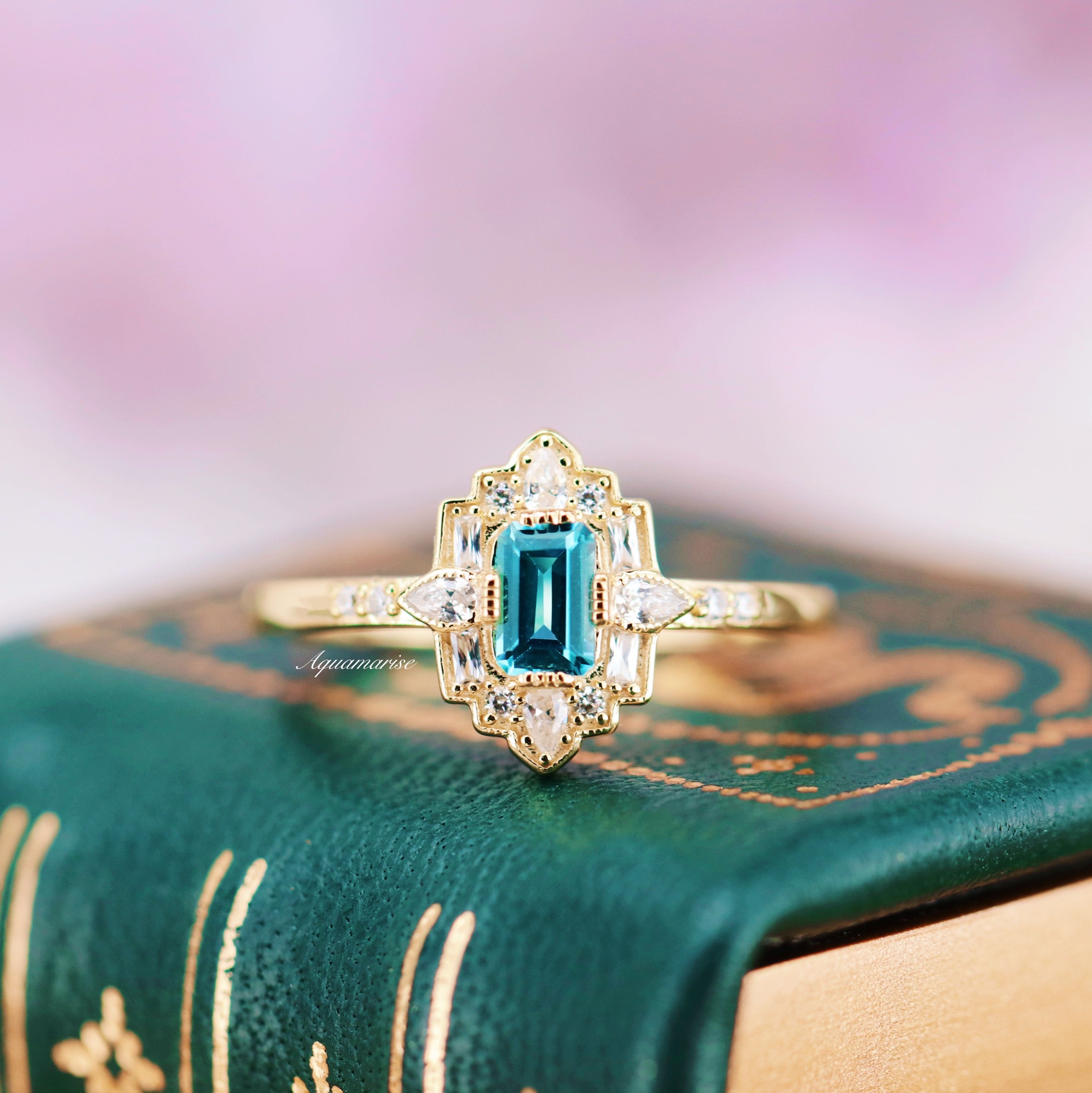 14K Yellow Gold Vermeil Art Deco London Blue Topaz Ring - Elegant Vintage Jewelry for Women, Perfect for Weddings, Anniversaries & Special Occasions