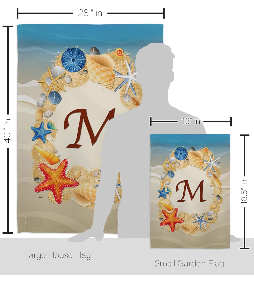 Coastal Beach Decor Flags Set w/Flagpole - Summer M Initial for Garden & Home