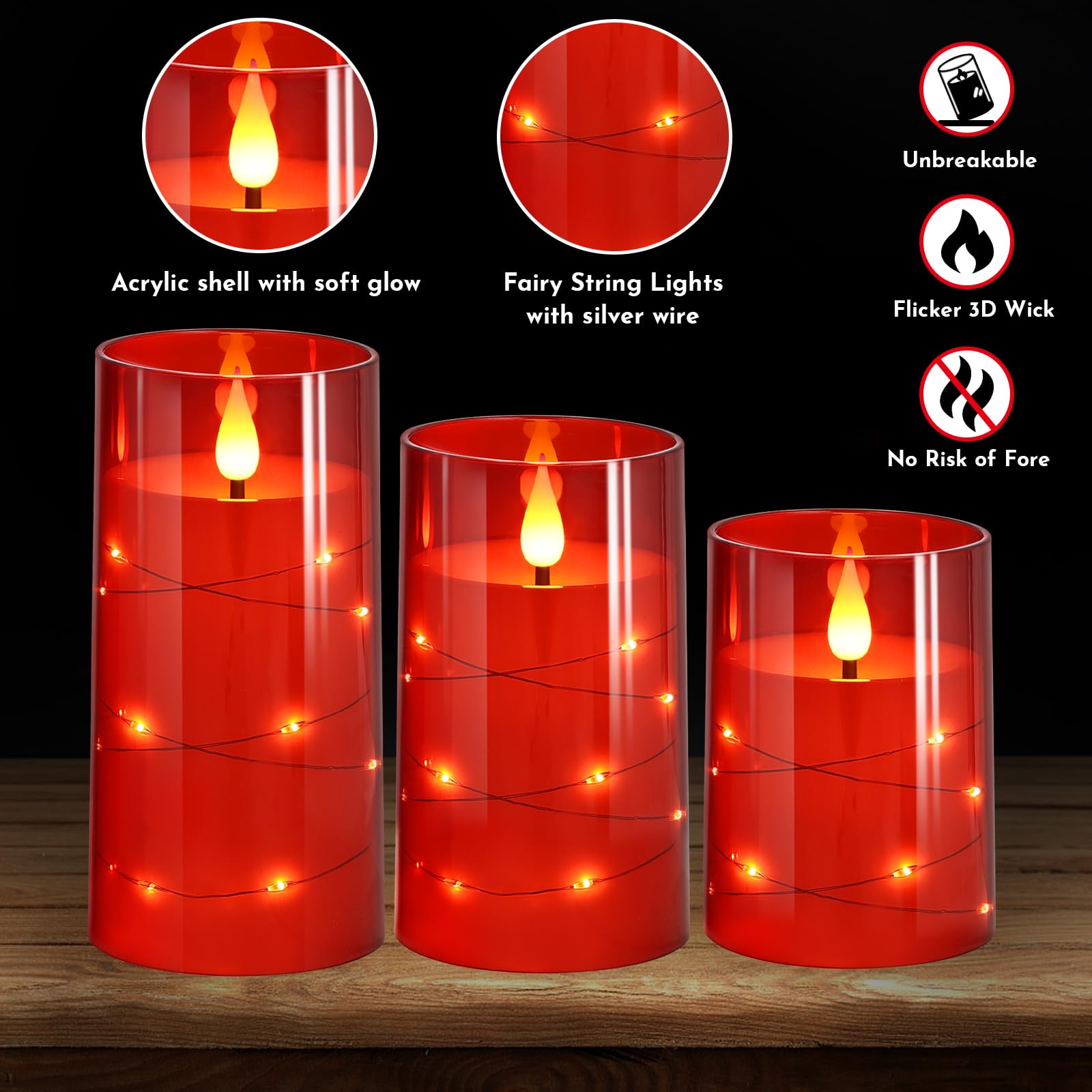NURADA Flickering Flameless LED Candles with Remote & Timer - Battery Operated Star String Light Pillar Candles for Wedding, Christmas, Halloween Decor - Romantic Home & Party Decorations (Red, 3-Pack) | Perfect for Centerpieces, Fireplace, Dinner Tables & Holiday Displays