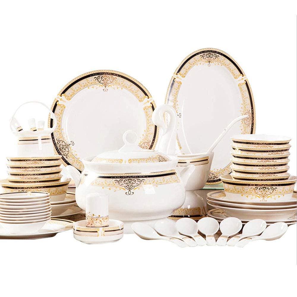 60-Piece Porcelain Dinnerware Set - European Style Elegant Bone China Plates & Bowls, Service for 8-10 - Perfect for Formal Dining, Wedding Registry & Holiday Entertaining