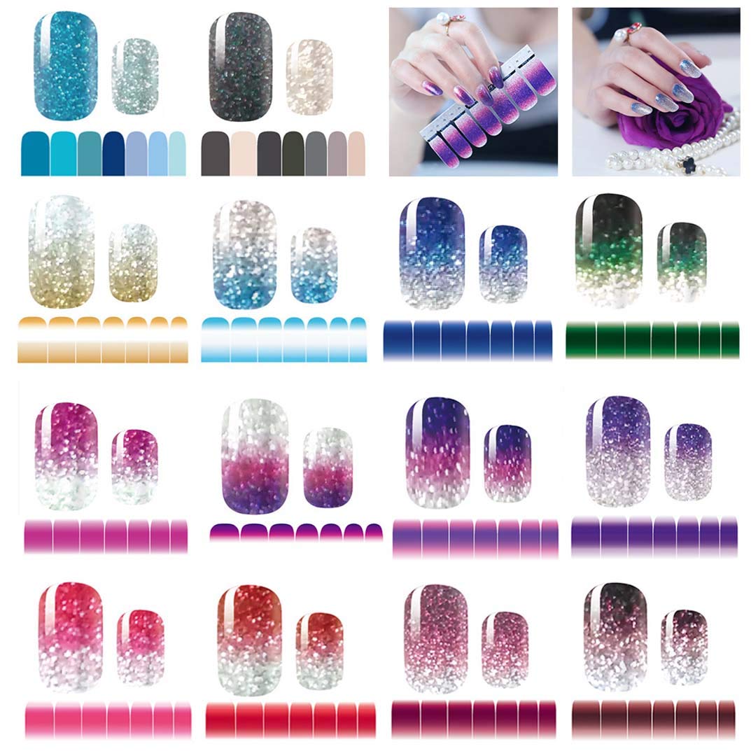 14 Sheets Glitter Gradient Nail Stickers - Full Wrap Self-Adhesive Nail Art Decals for Women & Girls | Shine Polish Strips for Parties, Weddings, Daily Manicures
