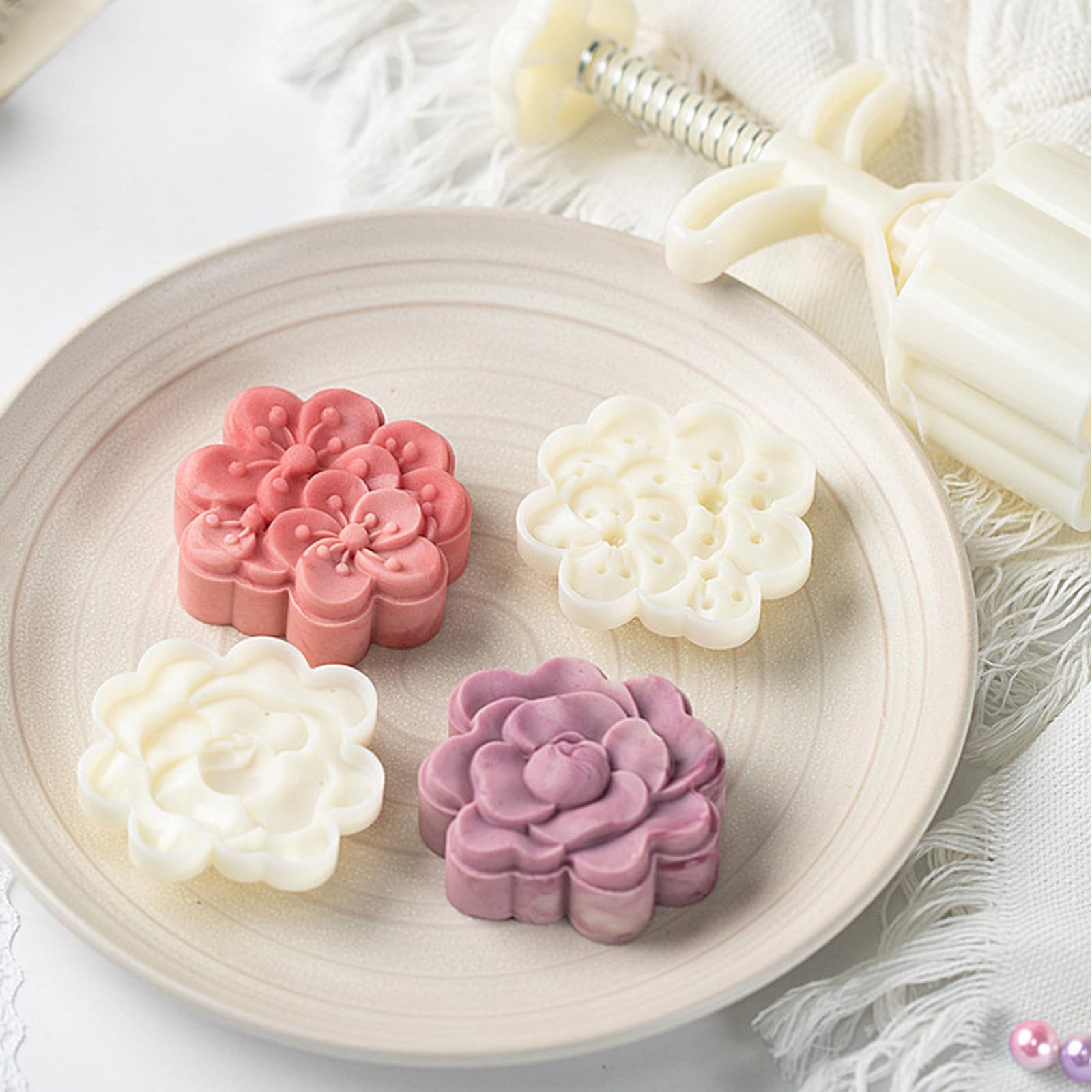 Mooncake Press Mold DIY Kit - 4 Plum Blossom Stamps for Handmade Mooncakes, Traditional Chinese Pastry Maker Tool for Mid-Autumn Festival Baking (Perfect for Home Baking, Gifts & Cultural Celebrations)