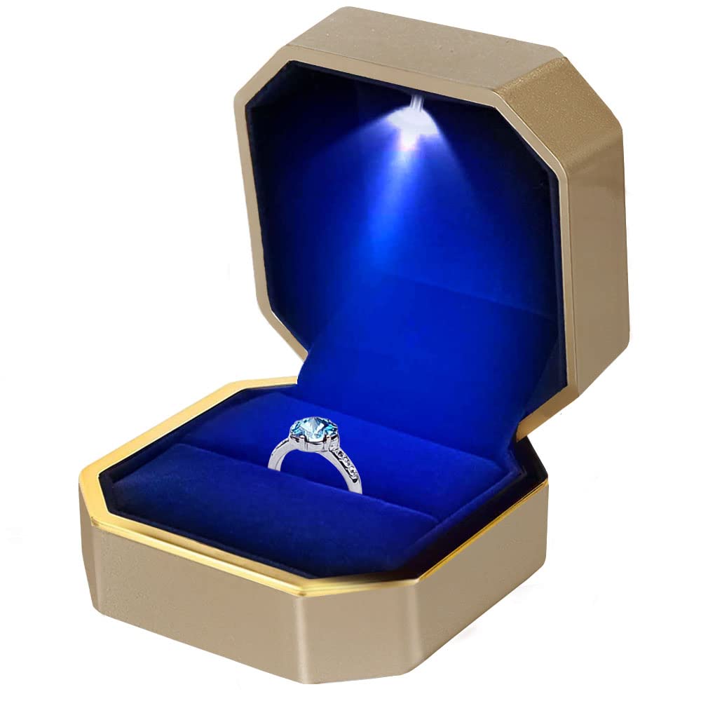 Luxury Velvet Ring Box with LED Light - Square Wedding Jewelry Gift Case for Engagement, Proposal & Wedding (Gold) | Perfect for Proposals, Anniversaries & Special Occasions