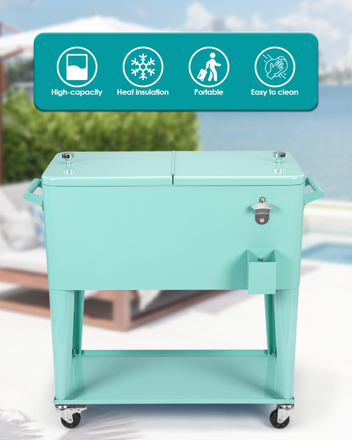 80 Quart Rolling Cooler Cart with Wheels - Portable Outdoor Bar Drink Cooler for Patio, BBQ, Camping & Beach - Heavy Duty Ice Chest Cart for Parties, Tailgating & Picnics
