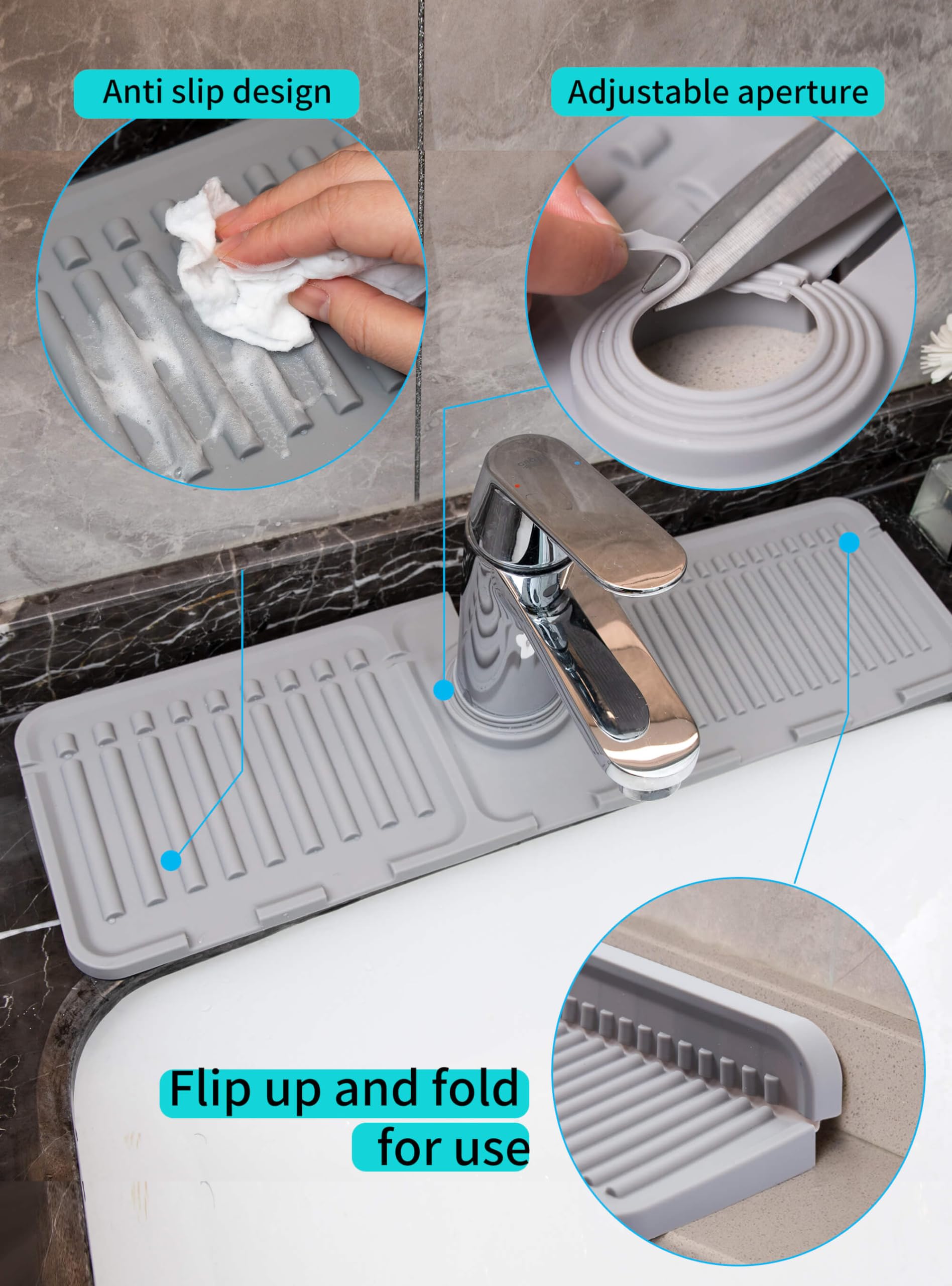 ARCLIBER Silicone Kitchen Sink Splash Guard with Drip Catcher Tray - 12.6''x4'' Grey Sink Accessory, Sponge Holder & Drying Mat - Perfect for Preventing Water Splashes & Organizing Kitchen Sink Area