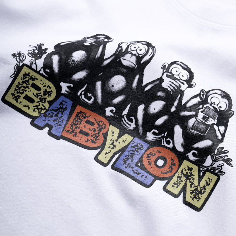 Babylon Monkey Business T-Shirt - Funny Graphic Tee for Men & Women | Soft Cotton White Crewneck Shirt | Perfect for Casual Wear, Gifts & Street Style Fashion