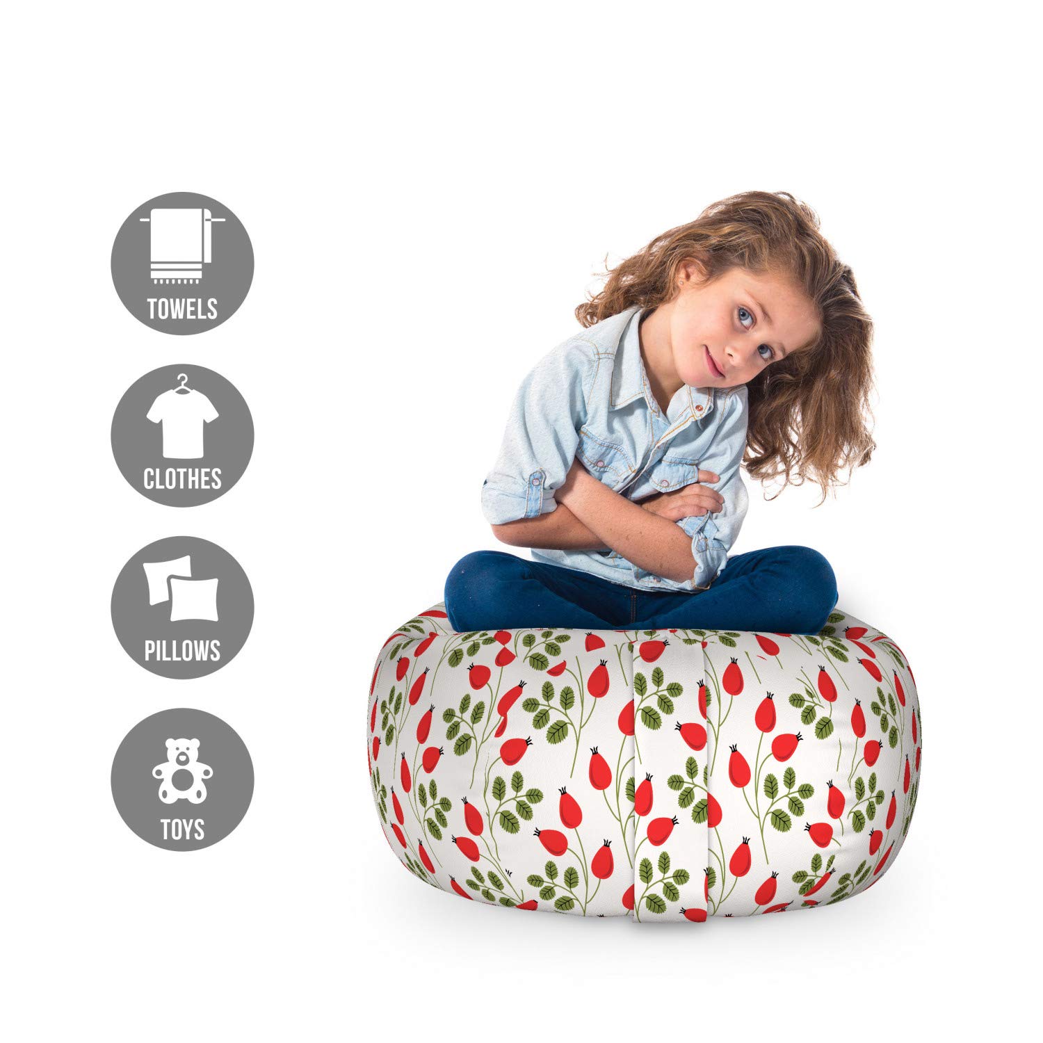 Ambesonne Floral Storage Toy Bag Chair - Washable Stuffed Animal Organizer with Rosehip Branches & Herbal Plants Botany Illustration, Small Size in Vermilion Fern Green - Perfect for Kids' Room, Nursery, and Playroom Organization