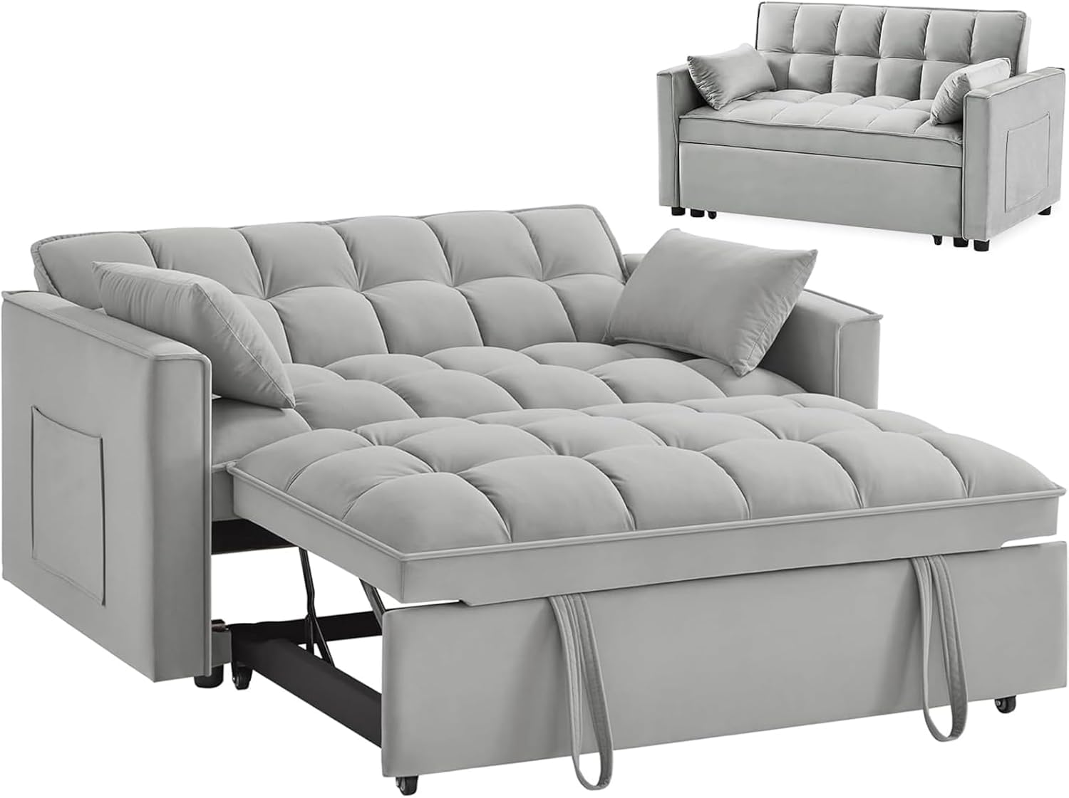 3 in 1 Convertible Velvet Sleeper Sofa Bed with Storage Pockets & 2 Pillows - Modern Foldable Couch for Small Spaces, Living Room, Apartment, Bedroom & Office - Perfect for Guests, Lounging & Space Saving (Gray)
