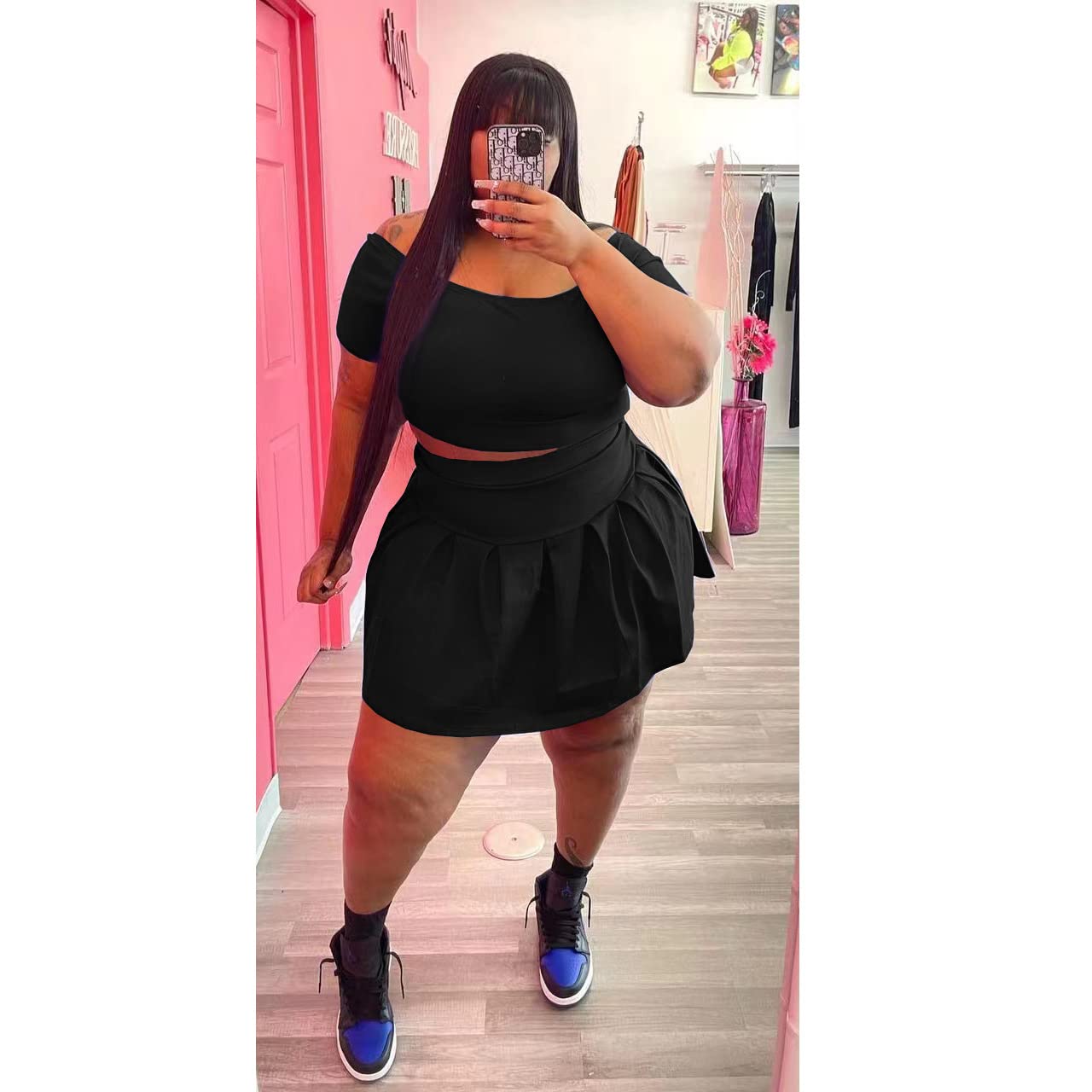 KELOVEPAN Women's Pleated Short Skirt 2-Piece Sweatsuit Set - Sexy Plus Size Summer Outfit, Tracksuit Dress for Casual Wear, Beach & Vacation