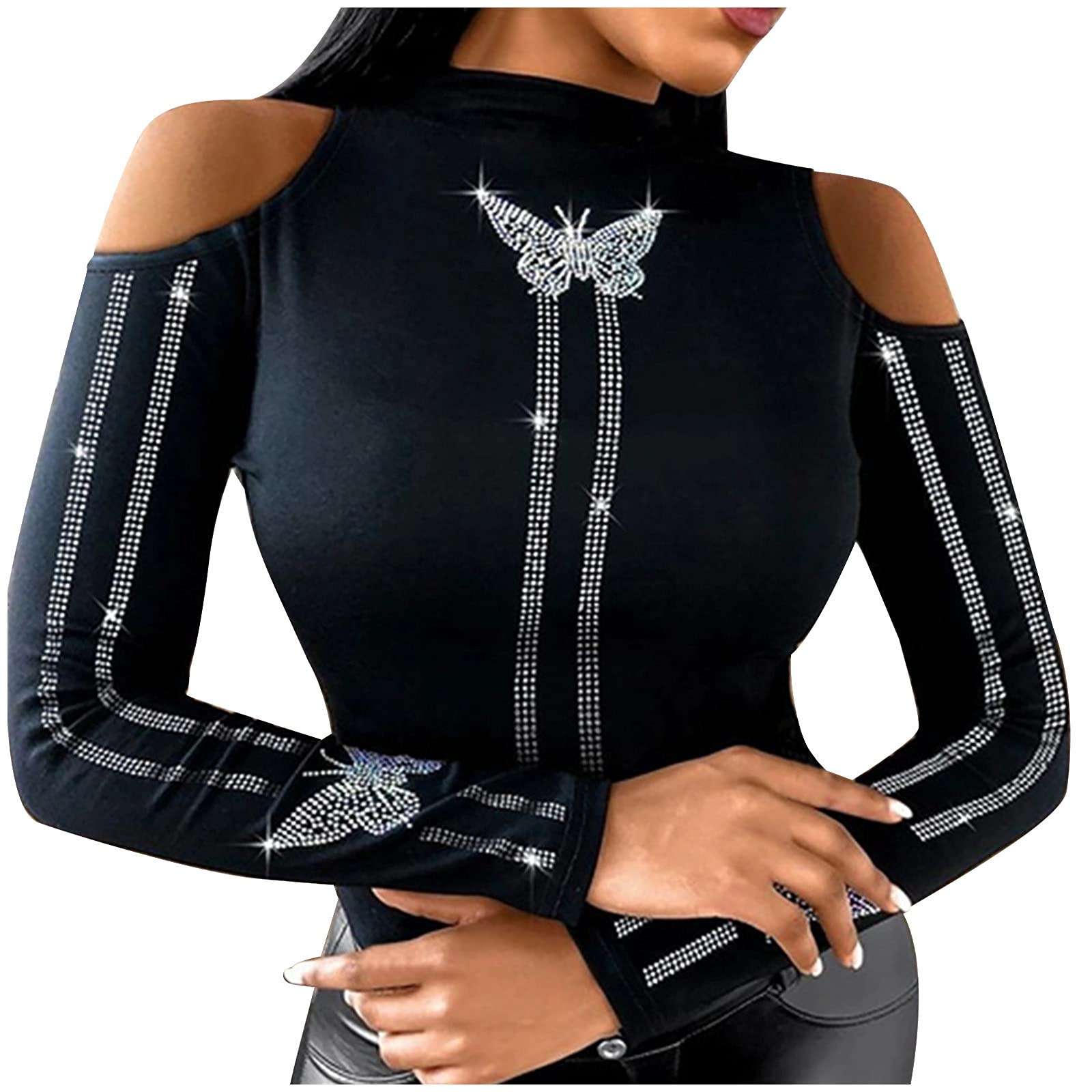 Sexy Turtleneck Tops for Women - Cold Shoulder Blouses Slim Fit Shirts with Shiny Sequin Rhinestone Details | Perfect for Party, Club, Date Night & Evening Wear