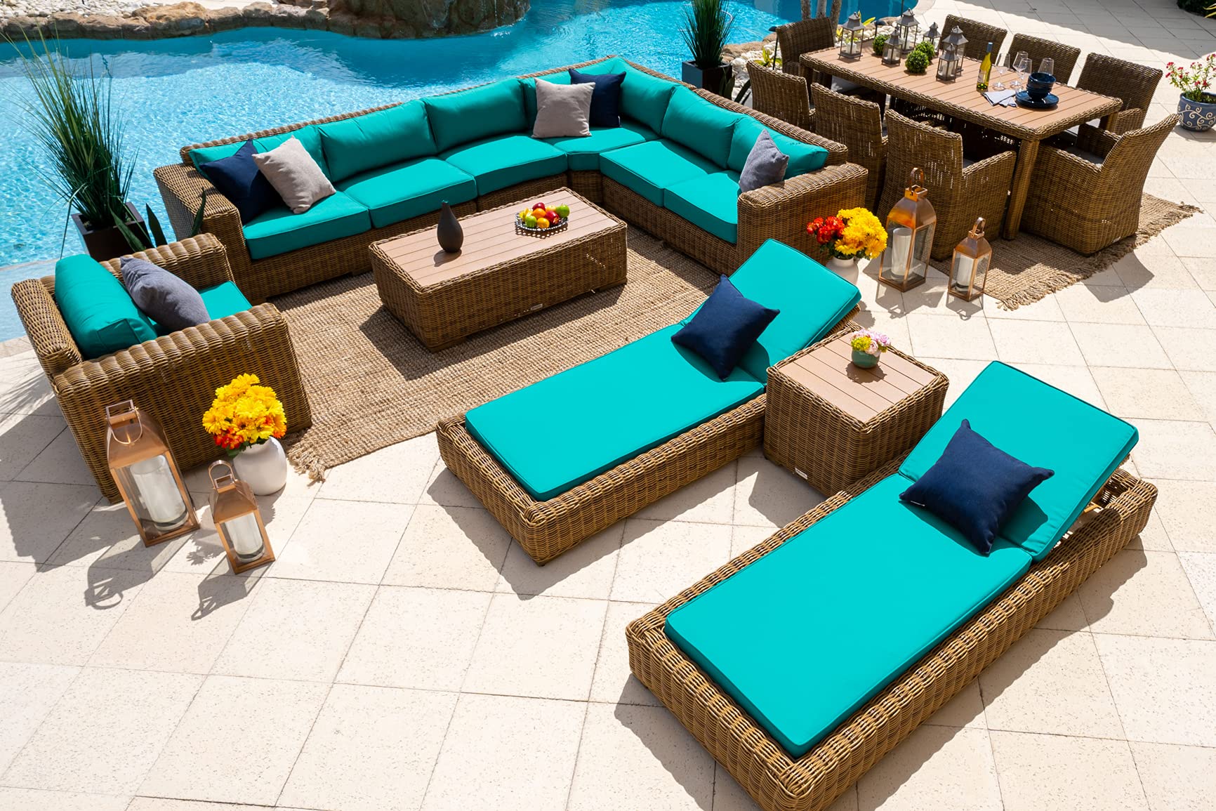 Premium 18-Piece Malmo Resin Wicker Outdoor Patio Furniture Set - Natural Wicker Sectional, 8-Seat Dining Table & Chaise Lounge with Sunbrella Aruba Canvas Cushions | Perfect for Backyard, Poolside & Garden Relaxation