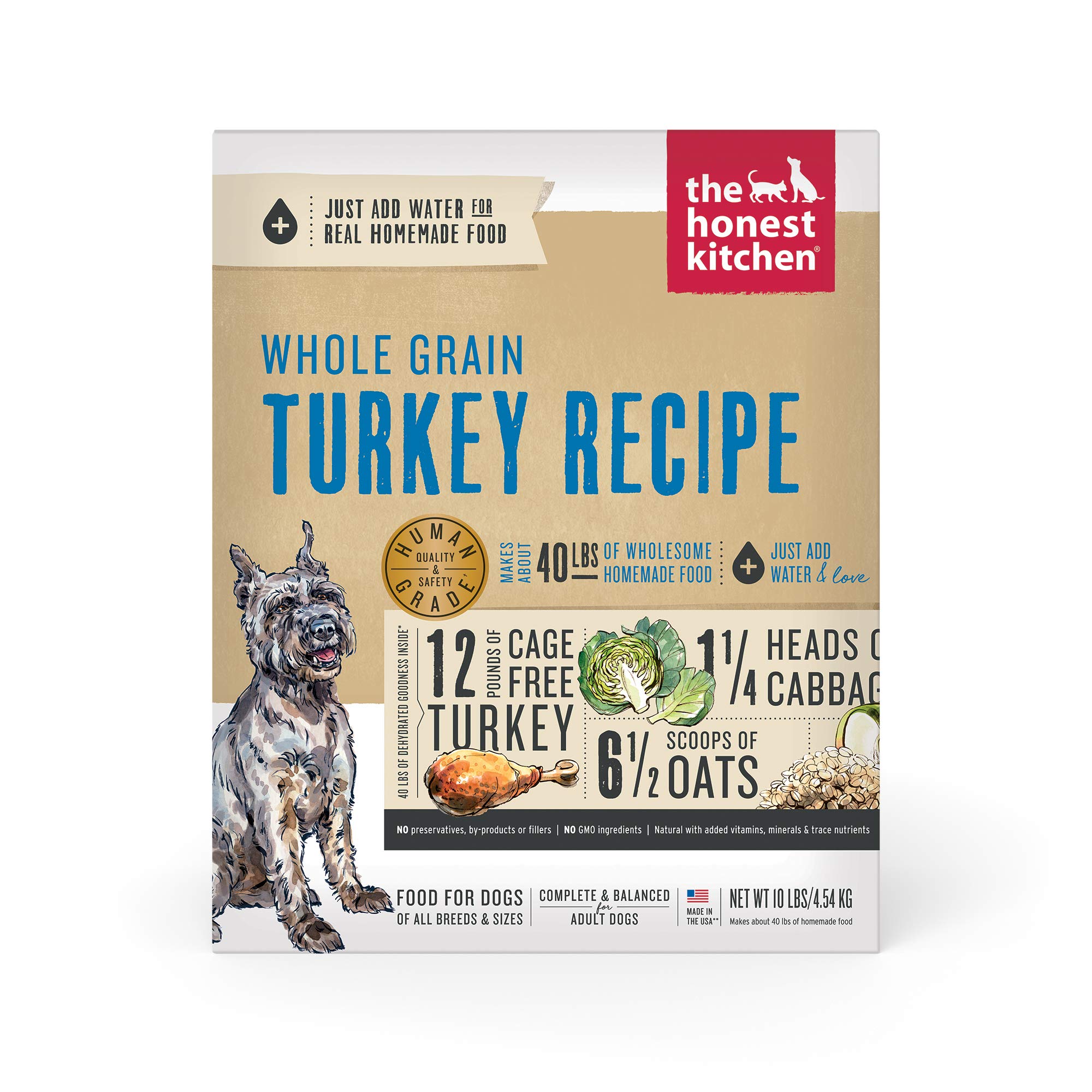 The Honest Kitchen Human Grade Dehydrated Whole Grain Dog Food - Turkey Flavor, 10 lb Pack (Makes 40 lbs) | Complete Meal & Food Topper for Dogs | Perfect for Travel, Camping & Daily Feeding