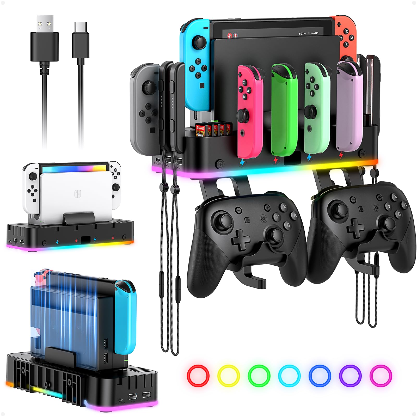 RGB Wall Mount Charging Dock for Nintendo Switch & OLED - Joy-Con Controller Holder with 15 Light Modes, 4 Charging Ports, 2 USB Ports & 10 Game Card Slots | Perfect Switch Accessories for Gaming Setup & Organized Playstation