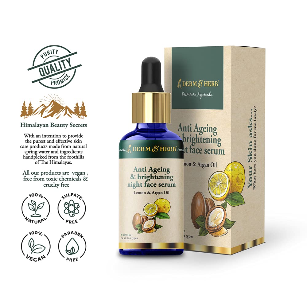 Derm & Herb Anti-Aging Vitamin C Serum for Glowing Skin - Wrinkle Reduction & Skin Tightening Face Serum | Lightweight Oil-Free Formula | 30ml | Night Use for Men & Women | Perfect for Dry, Dull Skin & Evening Skincare Routine