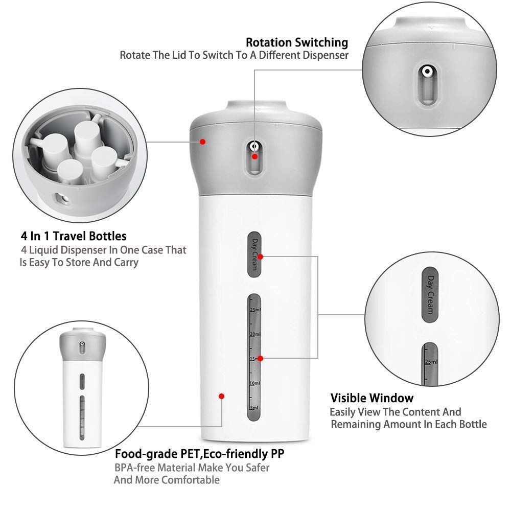 Diyashi 4-in-1 Travel Dispenser Bottle Set - Leak Proof Refillable Cosmetic Containers for Toiletries, Lotion & Liquid - Multi Color Travel Accessories for Vacation, Gym & Airplane Carry On