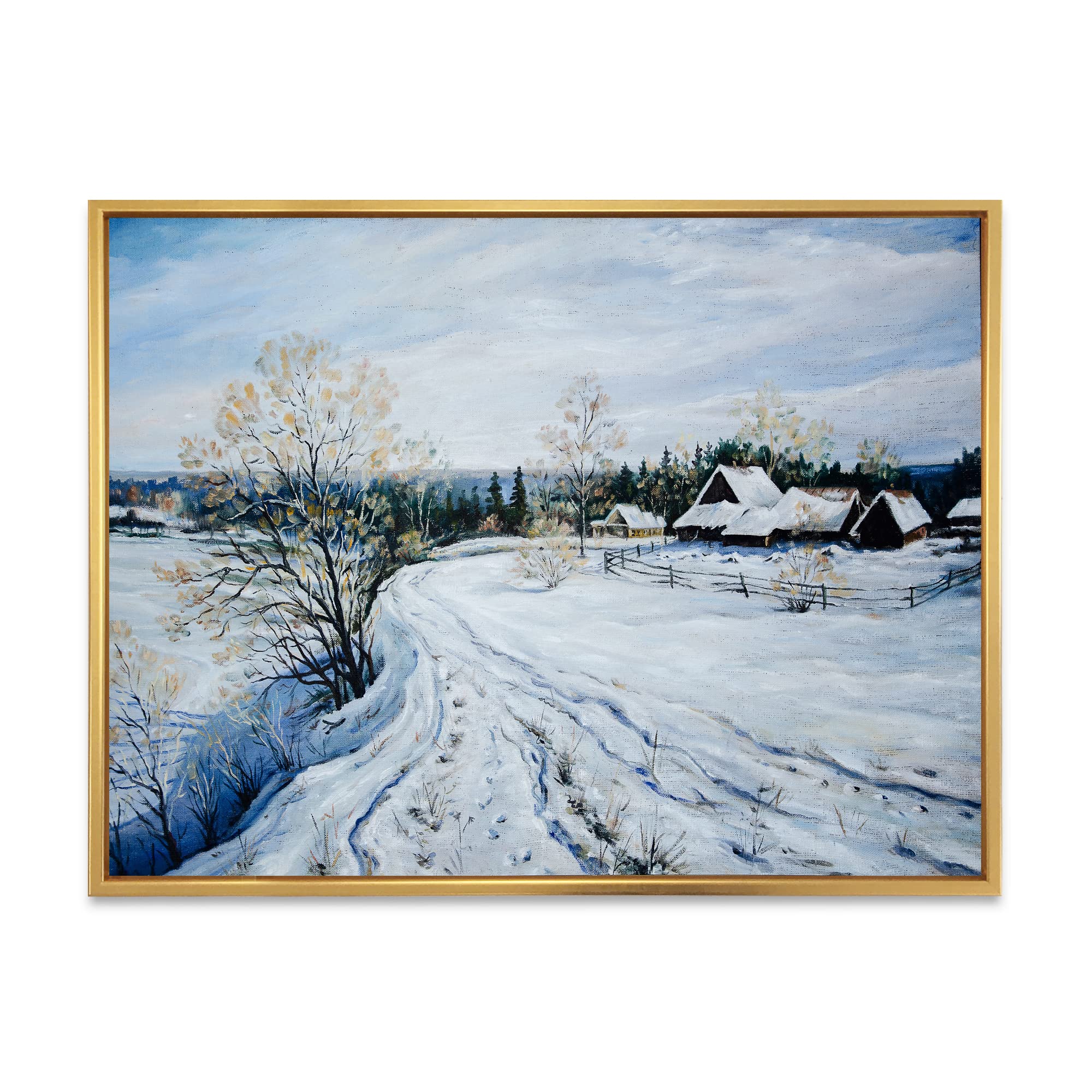 DesignQ Country Road In Winter Times II - Traditional Framed Canvas Wall Art Print for Living Room, Bedroom & Office Decor | Winter Landscape Painting | Ready to Hang Home Decoration